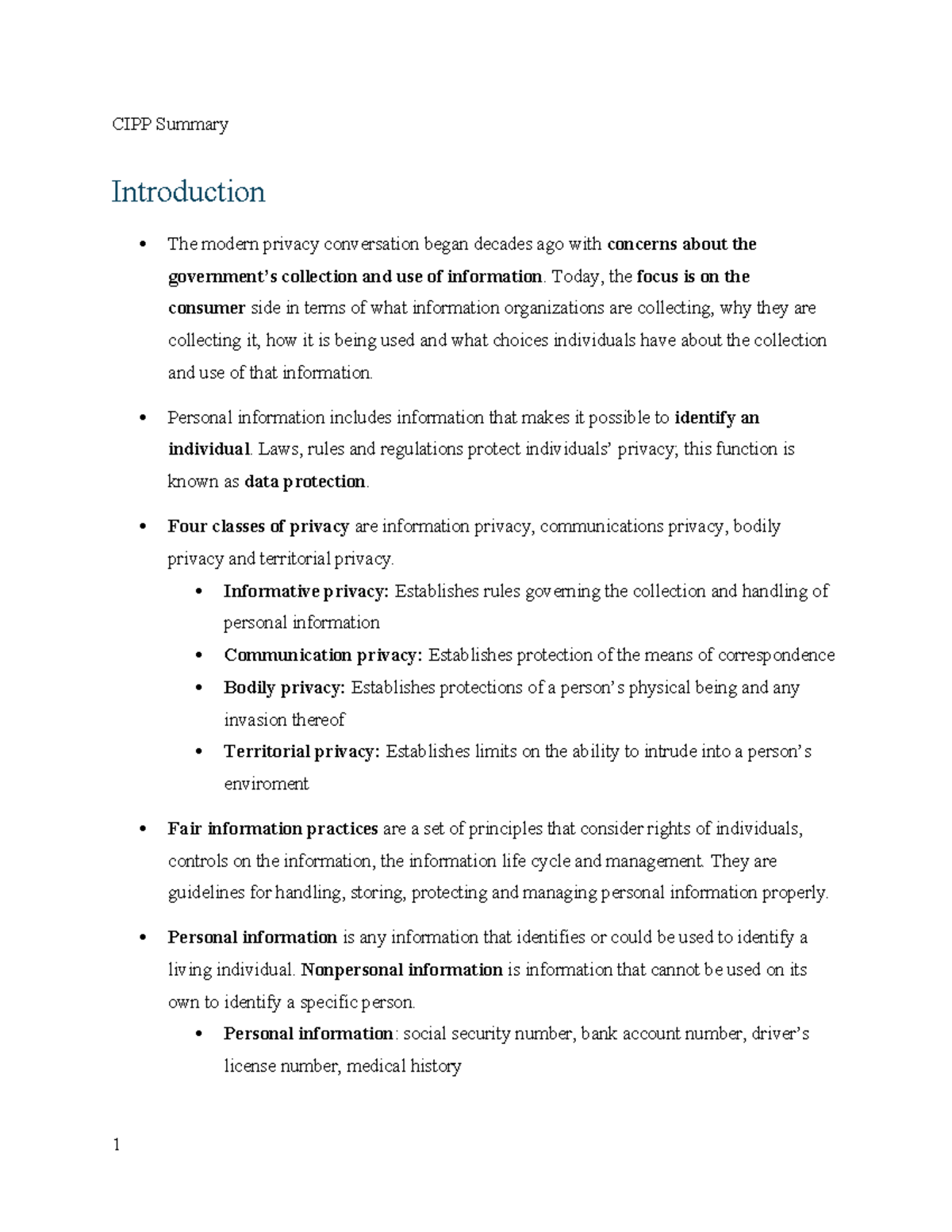 CIPP Summary - CIPP Summary Introduction The modern privacy ...