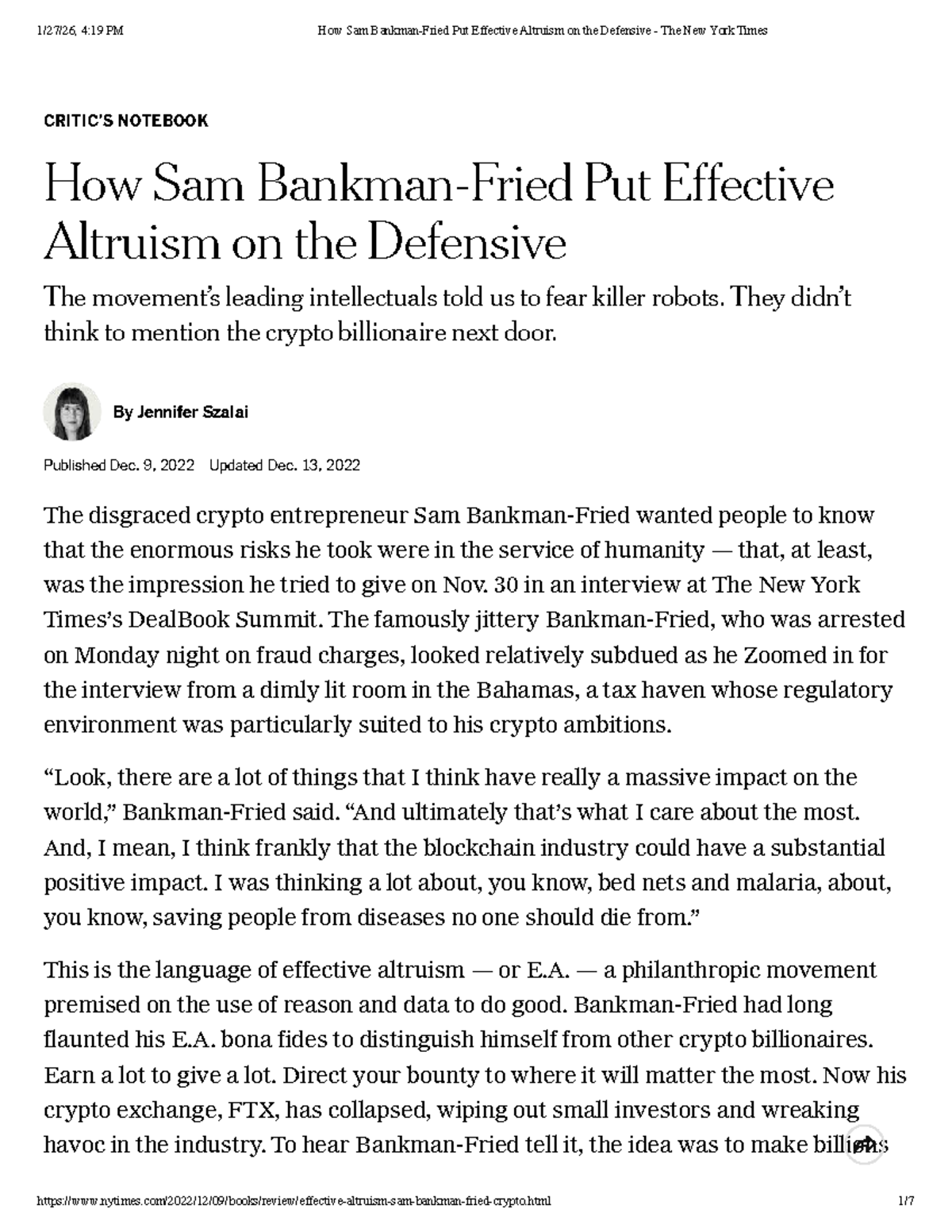How Sam Bankman-Fried Challenged Effective Altruism - NYT - Studocu