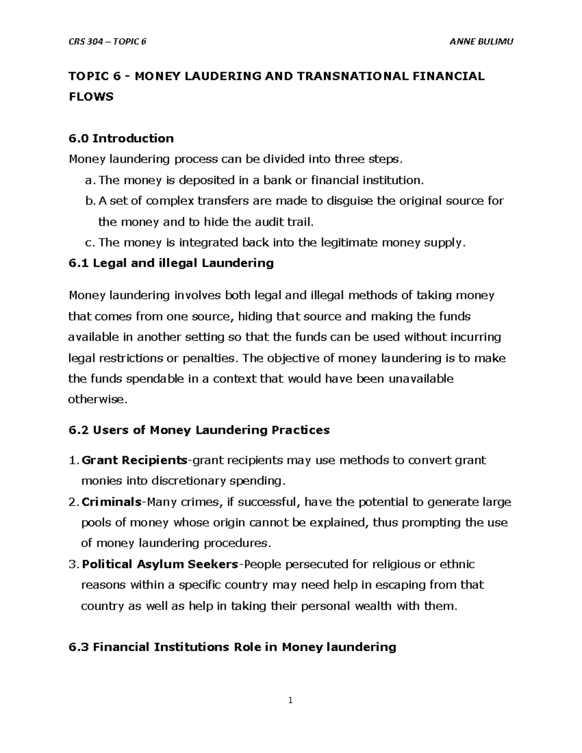 CRS 304 Topic 6: Money Laundering & Financial Flows Analysis - Studocu