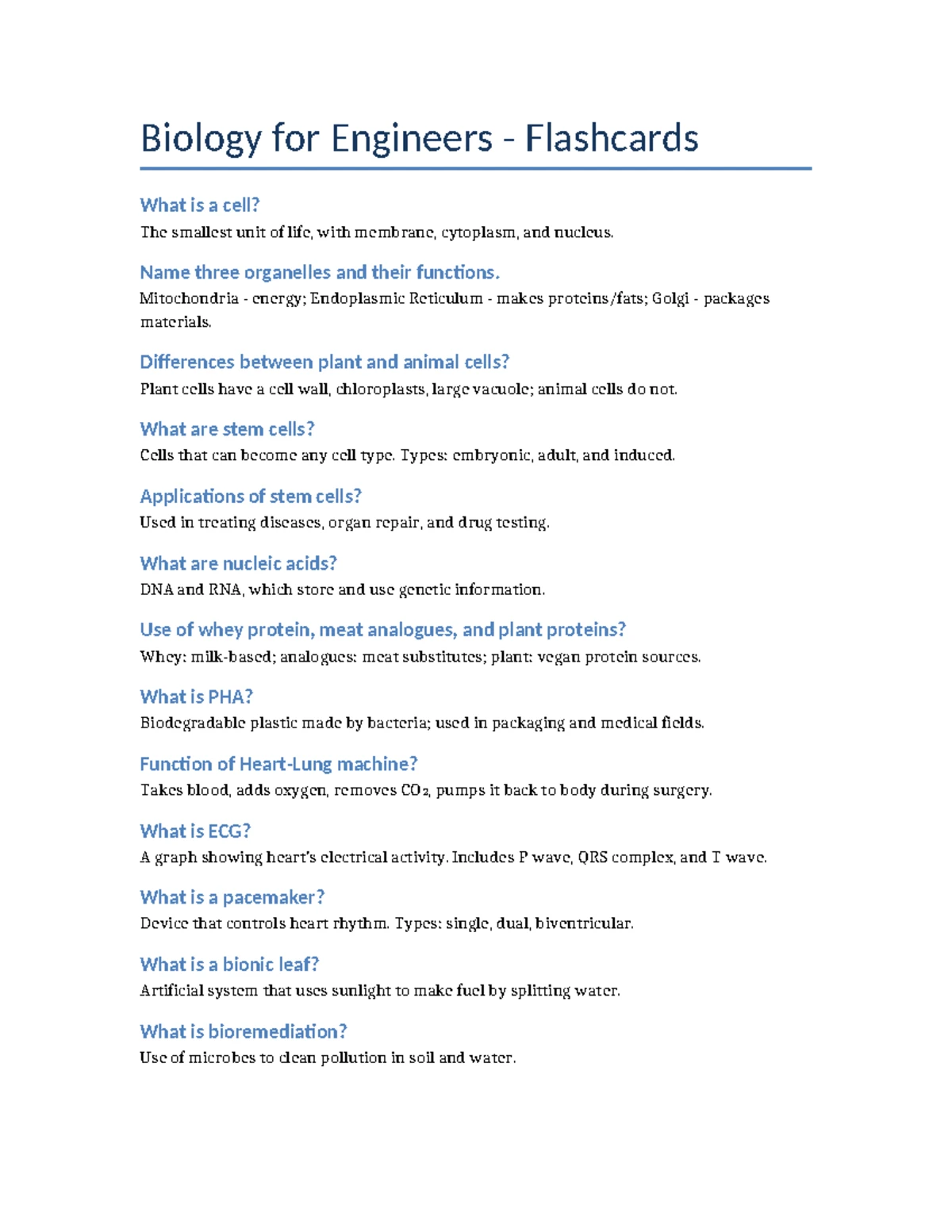 Biology for Engineers: Answers to Model Question Paper Modules 1-4 ...