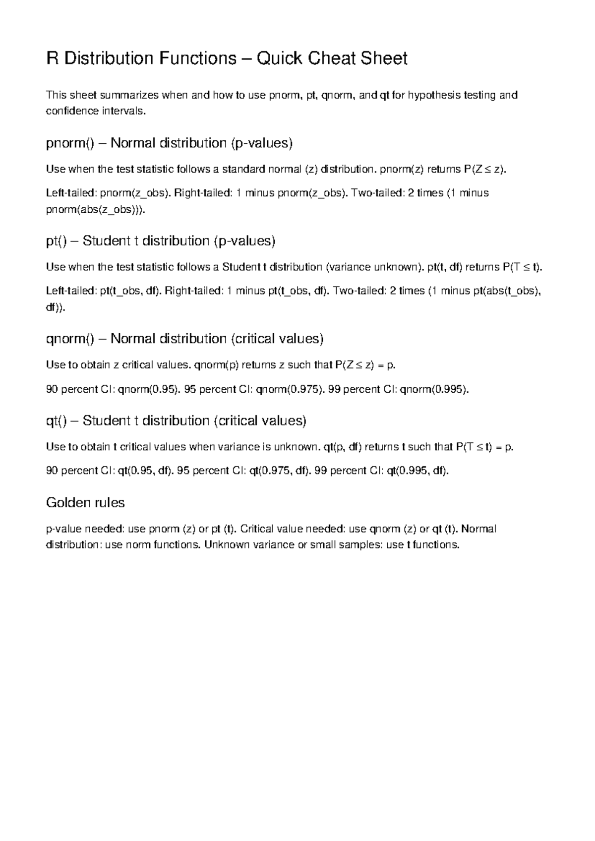 R Distribution Functions Cheat Sheet for Hypothesis Testing - Studocu