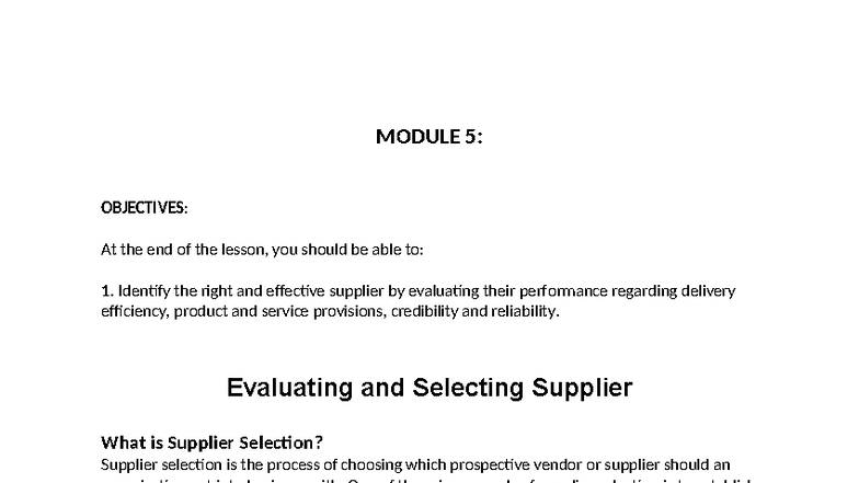 Chapter 5: Supplier Selection and Evaluation Strategies - Studocu