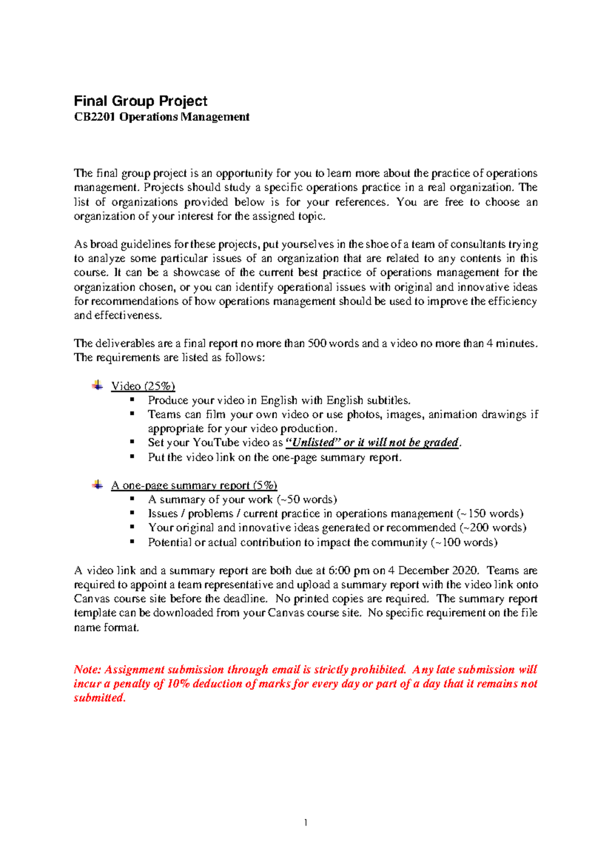 CB2201 Final Group Project Guidelines for Operations Management 2020 ...
