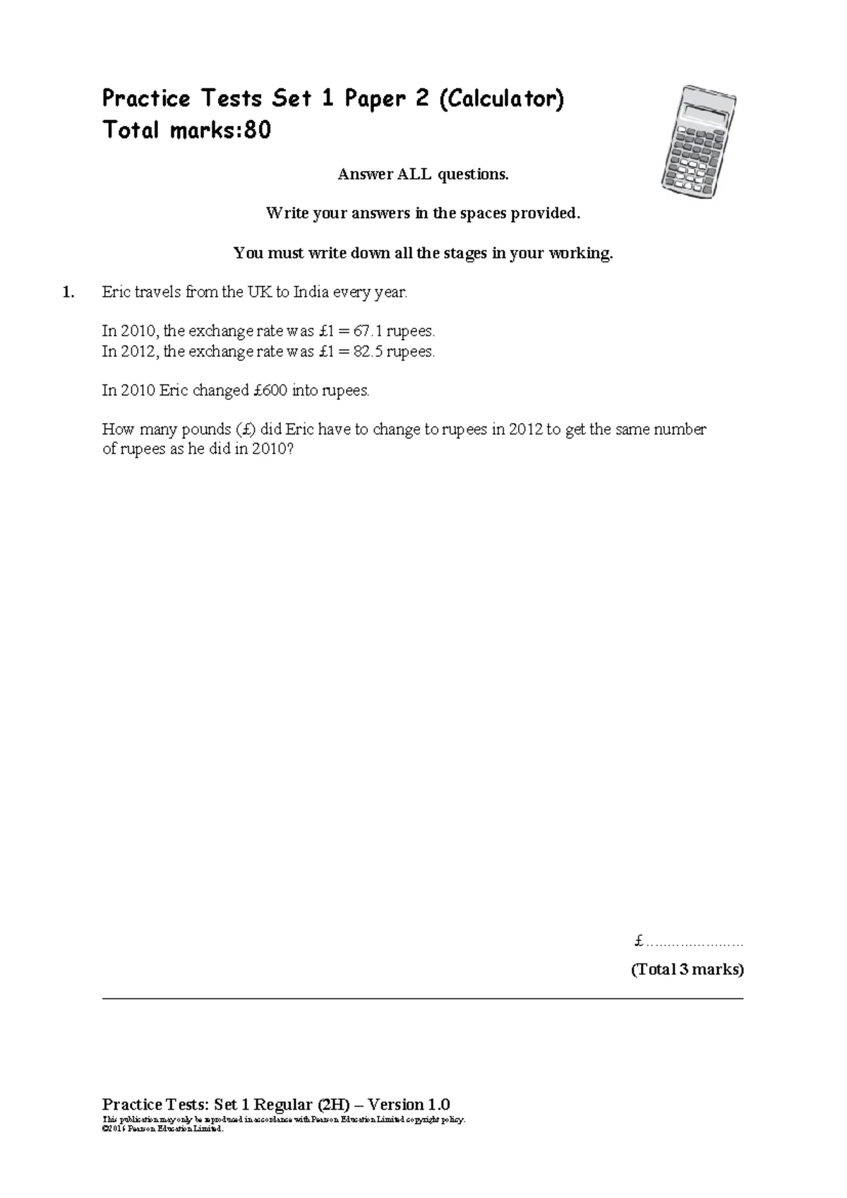 Practice Test Set 1 - Paper 1H (Non-calculator) - Total Marks: 80 - Studocu