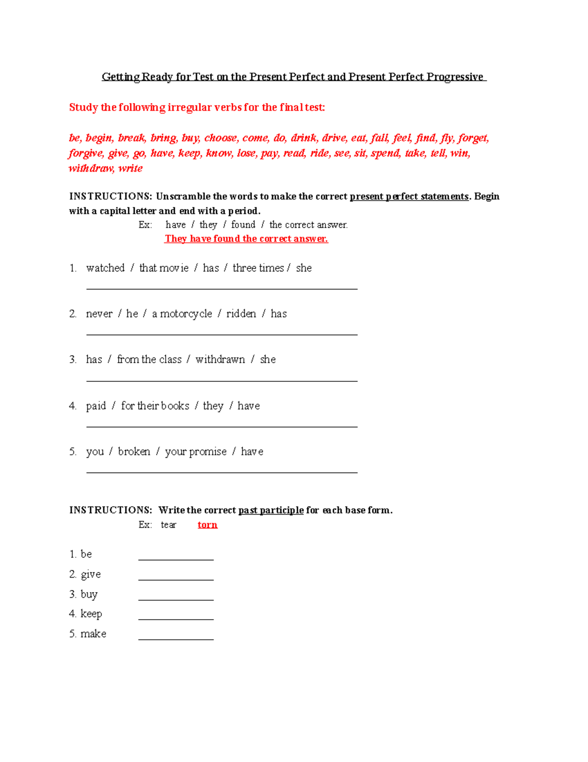 Unit 9 Study Guide: Present Perfect Test Prep and Exercises - Studocu