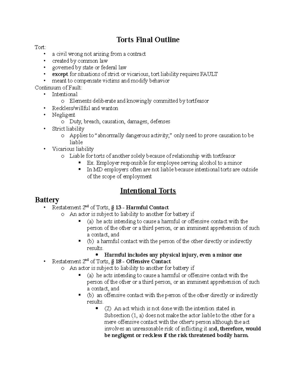 Torts (LAW 101) Final Exam Outline - Key Concepts and Definitions - Studocu