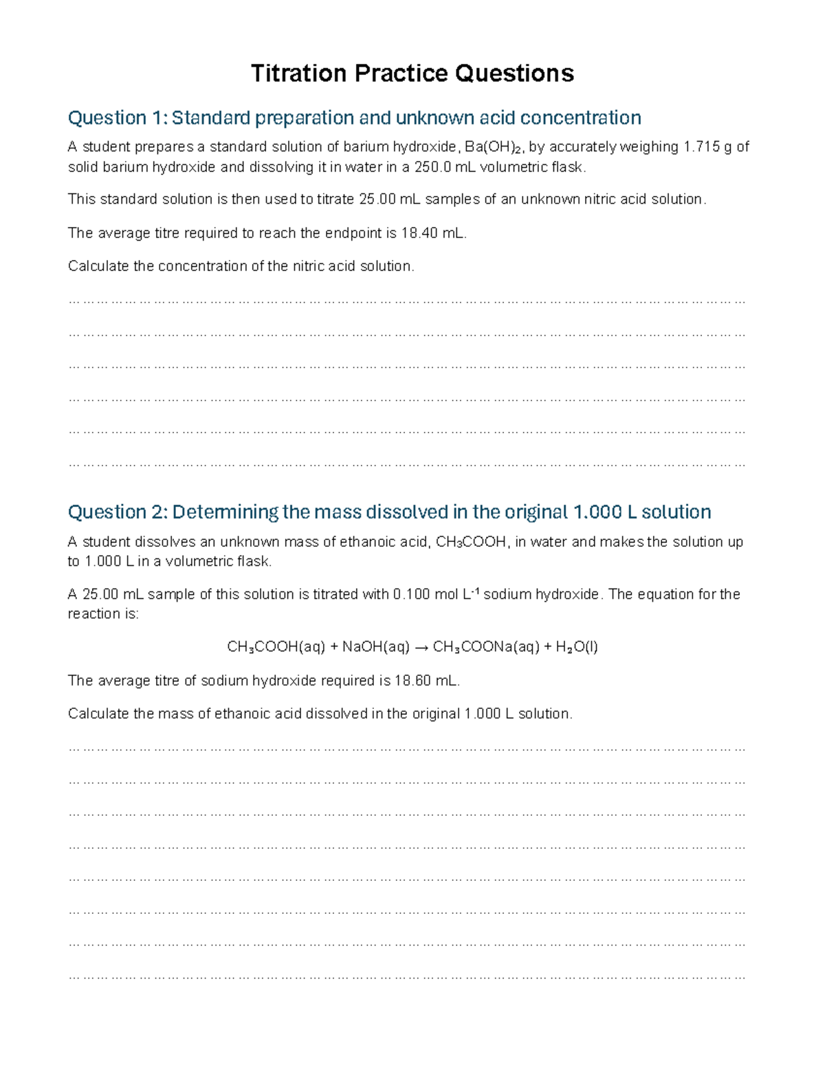 Titration Practice Questions for Chemistry - Studocu
