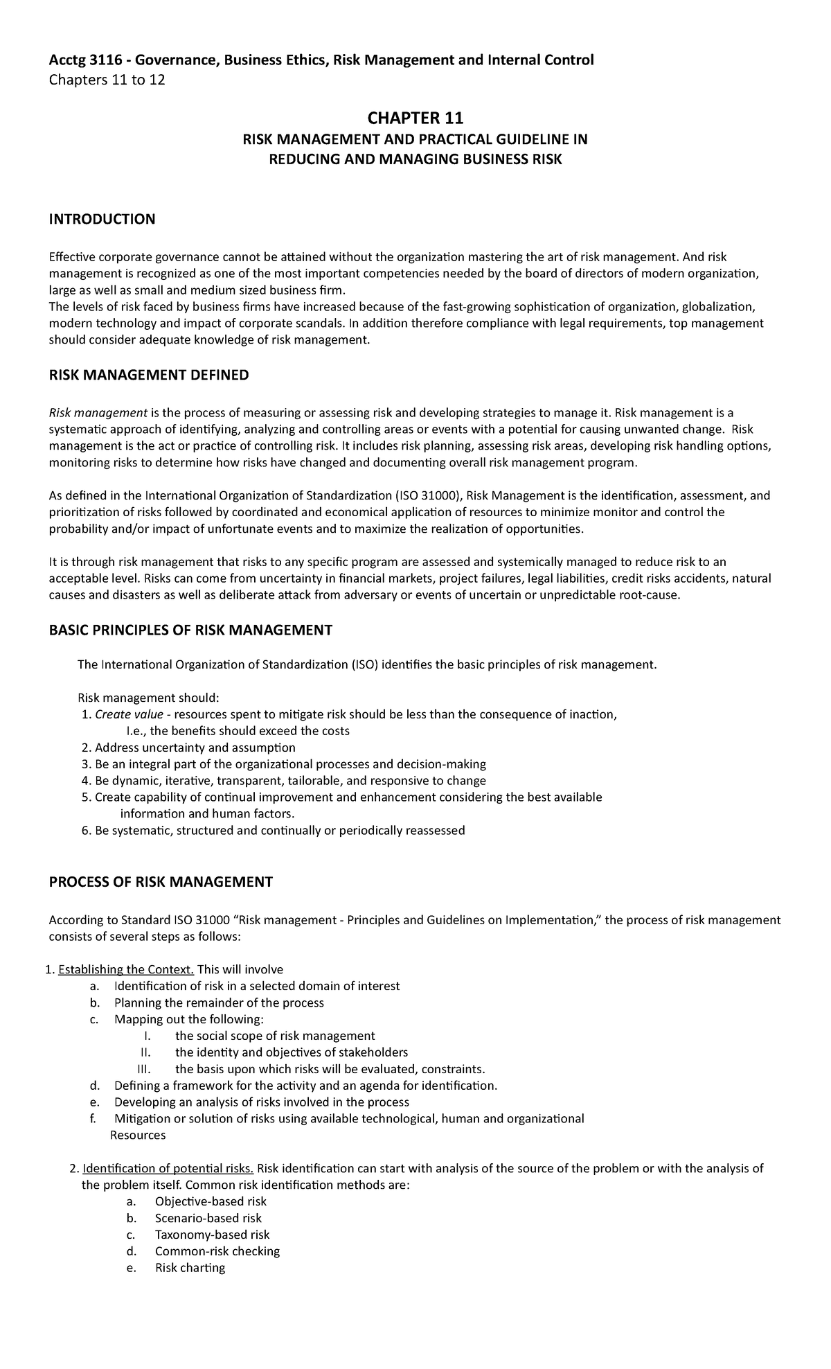 Acctg 3116: Risk Management - Guidelines from Chapters 11 & 12 - Studocu
