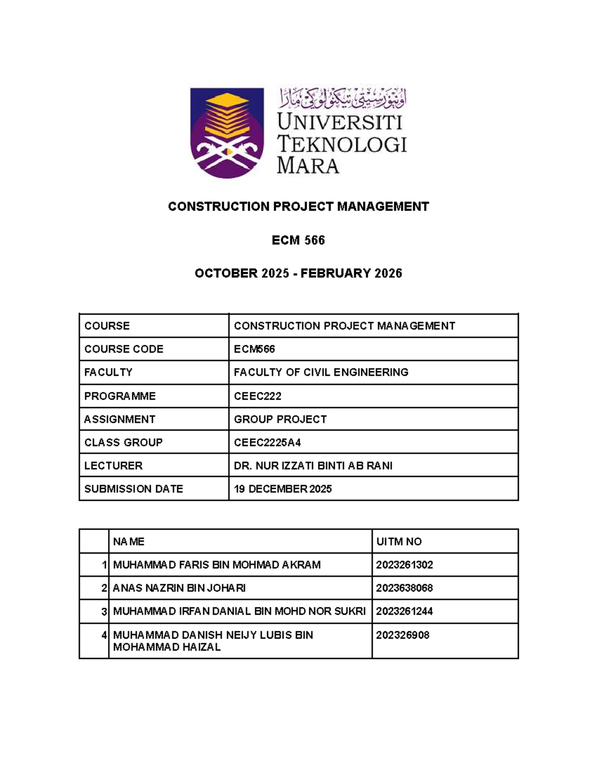 Construction Project Management Assignment ECM566: Hospital Parit ...
