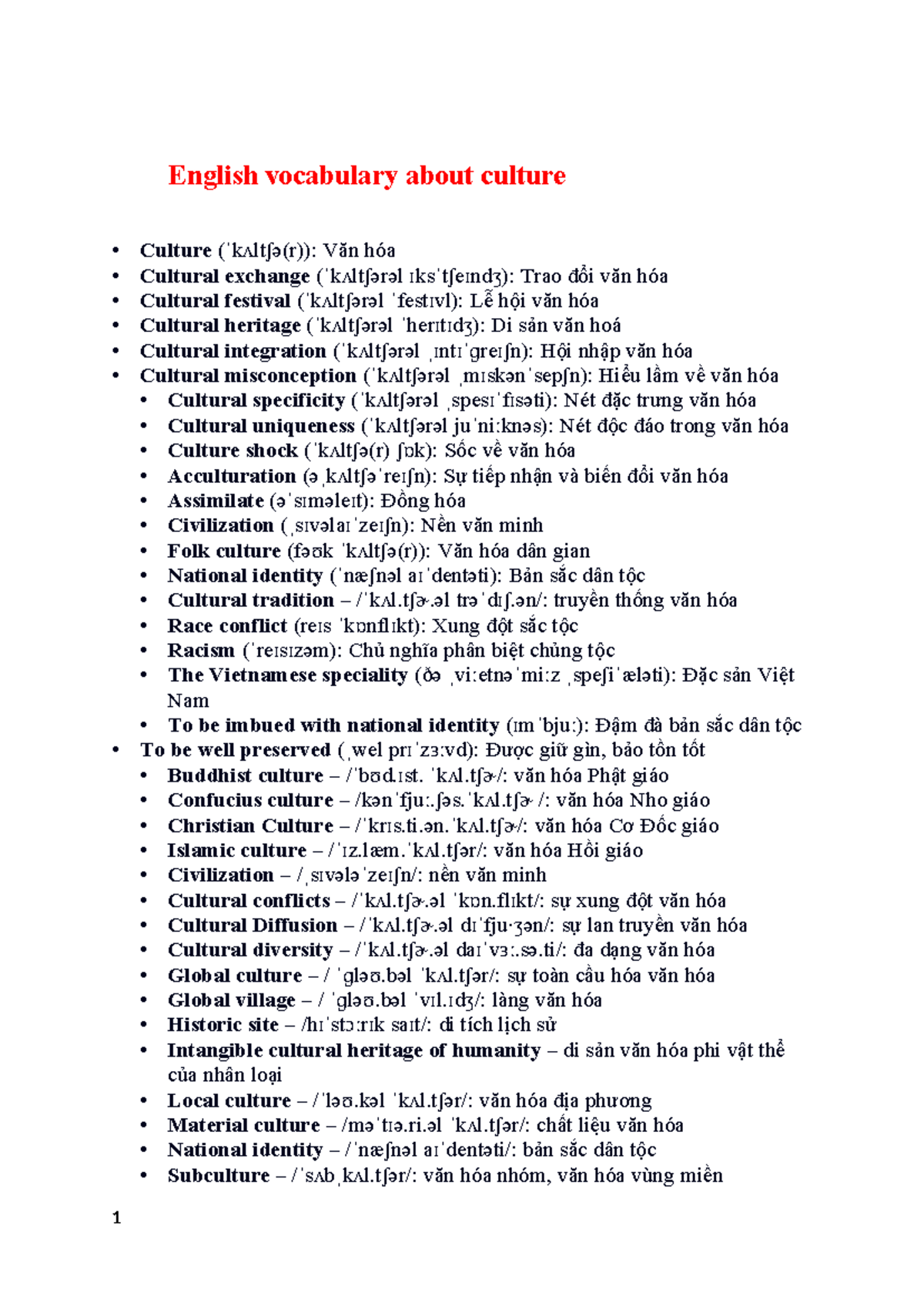 English Vocabulary on Culture and Tourism: A Comprehensive Guide - Studocu