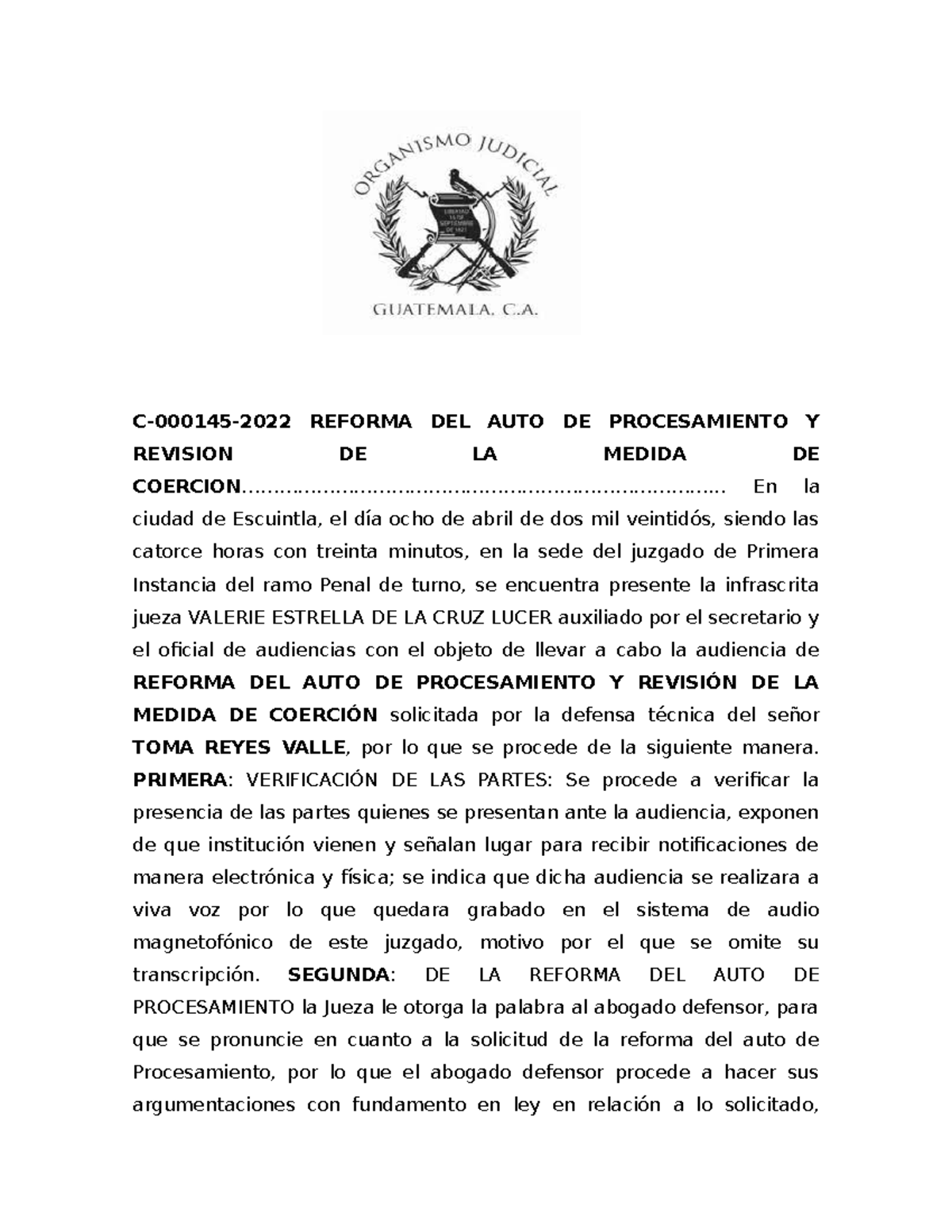 ACTA DE AUDIENCIA C-000145-2022: REFORMA Y REVISIÓN DE COERCION - Document Preview