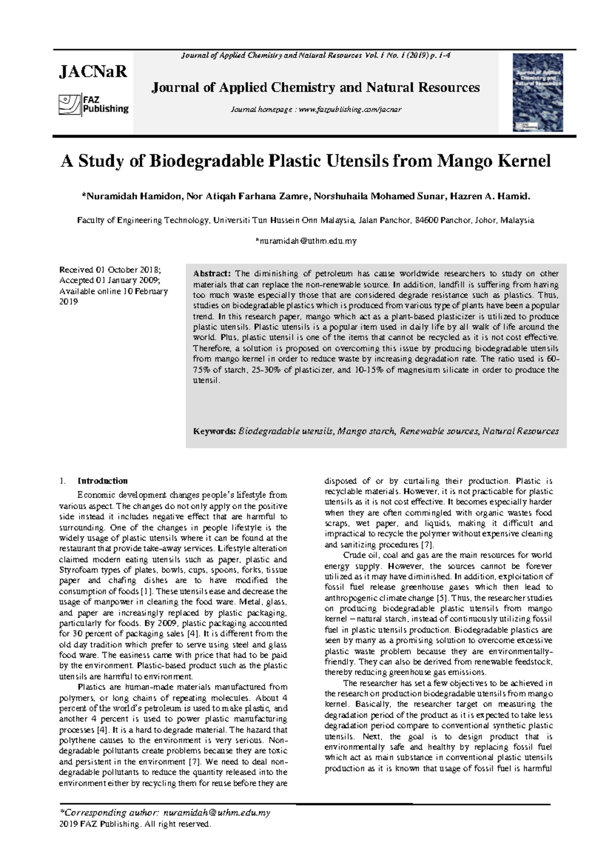 Study of Biodegradable Plastic Utensils from Mango Kernel (ENGT 2019 ...