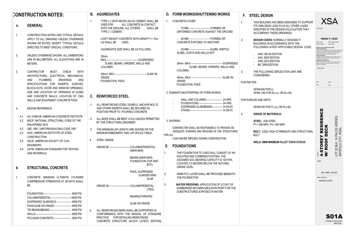 Construction Notes and Details for 4-Storey Residence (C27) - Studocu