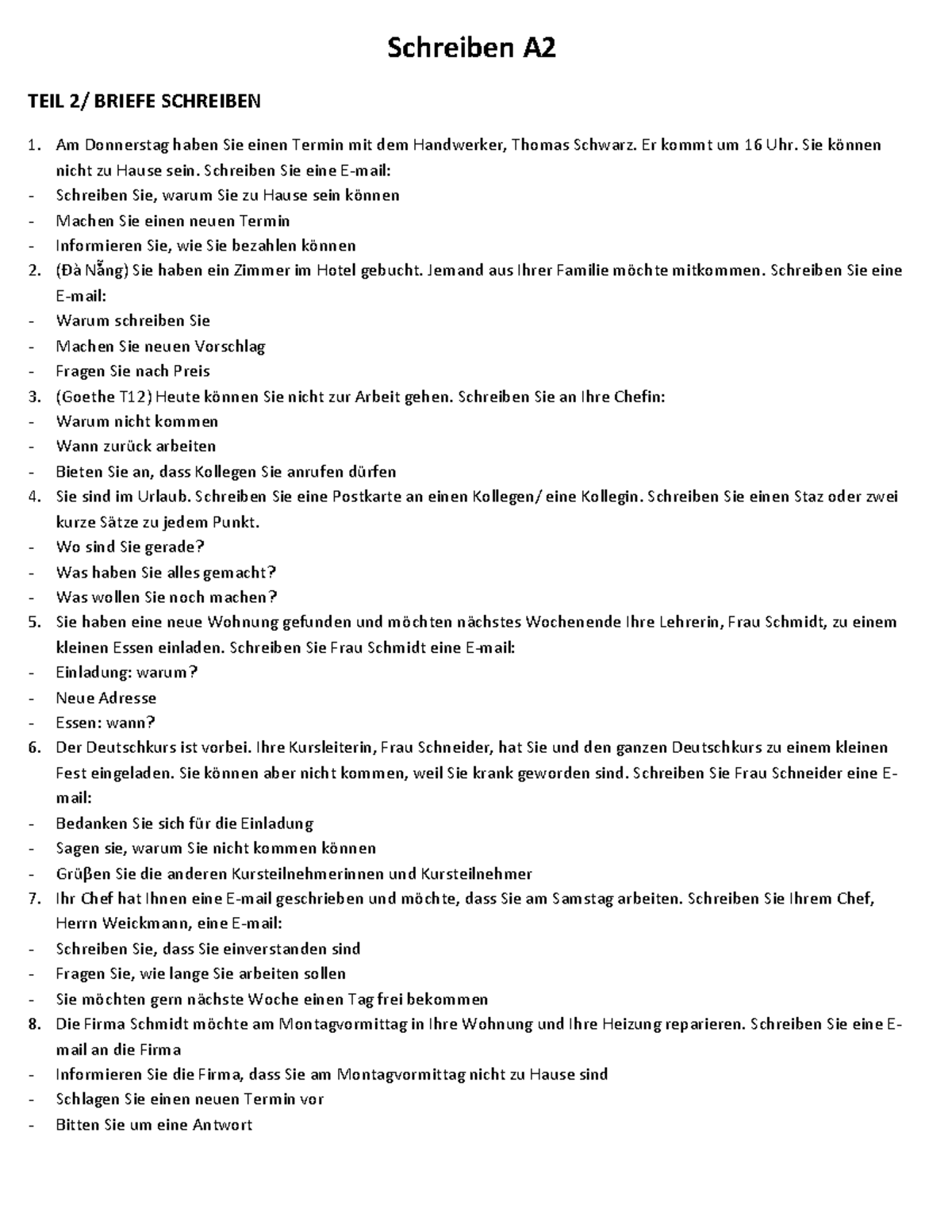 A2 Schreiben Teil 2: E-Mail-Übungen zu Alltagssituationen - Studocu