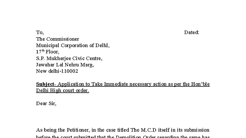 MCD Complaint Format: Urgent Action Request per High Court Order - Studocu