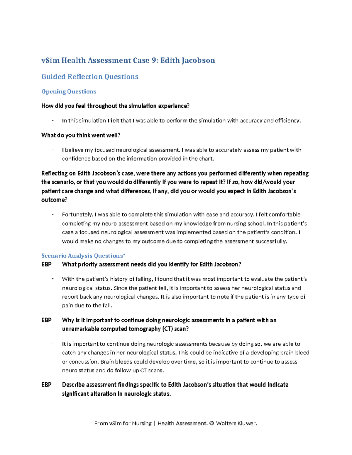 Edith VSIM 2 - Vsims Assignment - vSim Health Assessment Case 9: Edith ...