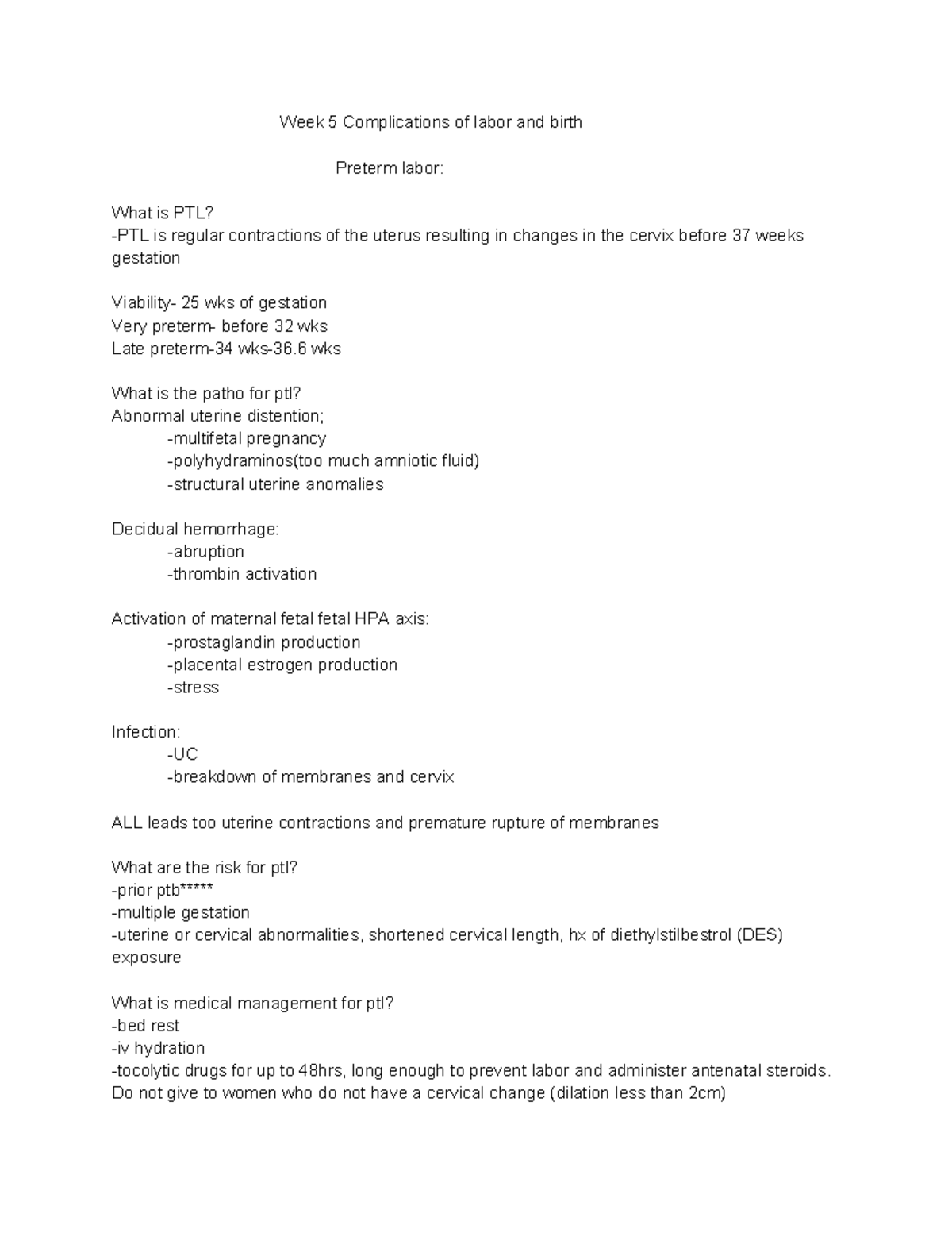 Week 5: Complications of Labor and Birth - Preterm Labor (PTL) Notes ...