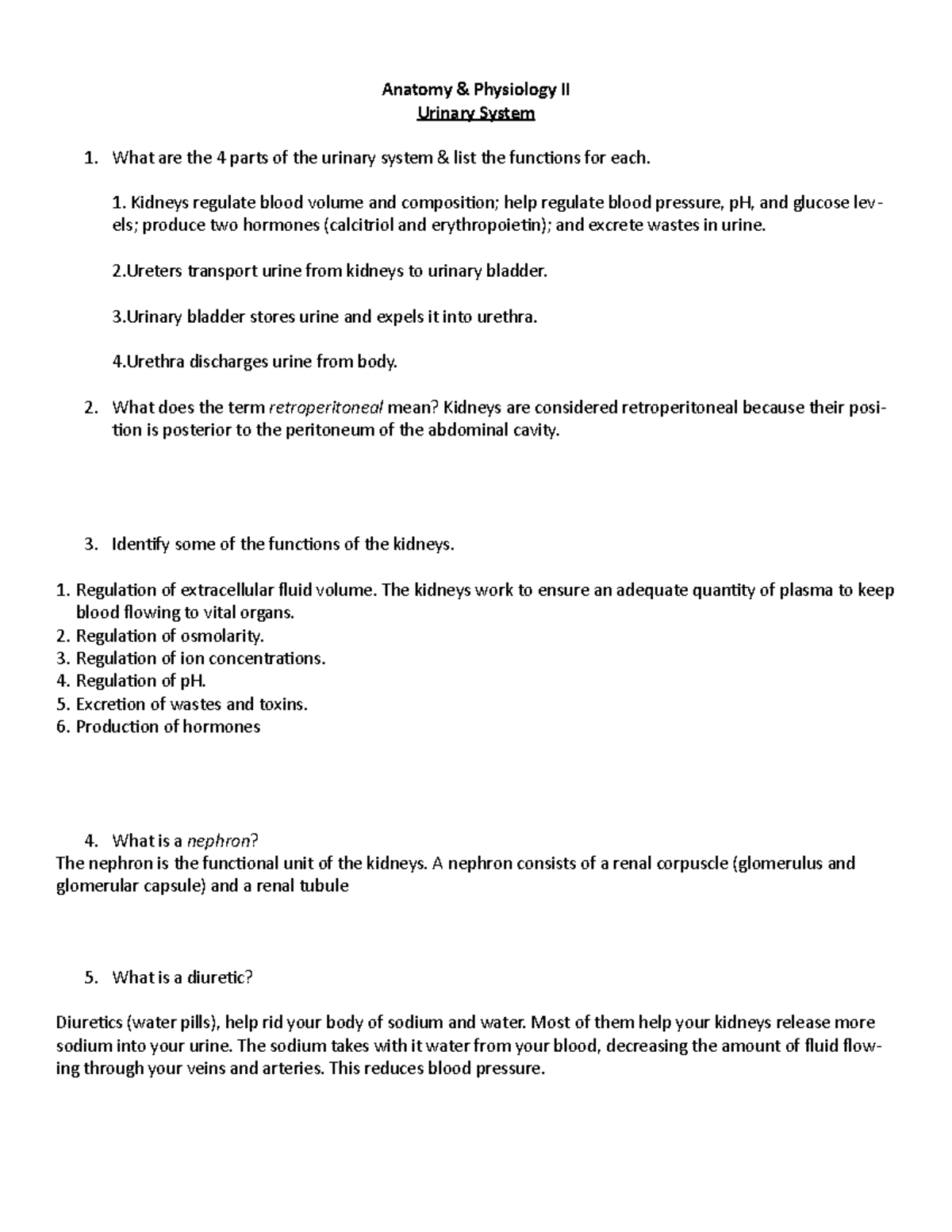 Anatomy & Physiology II: Urinary System Lab Prep Notes - Studocu