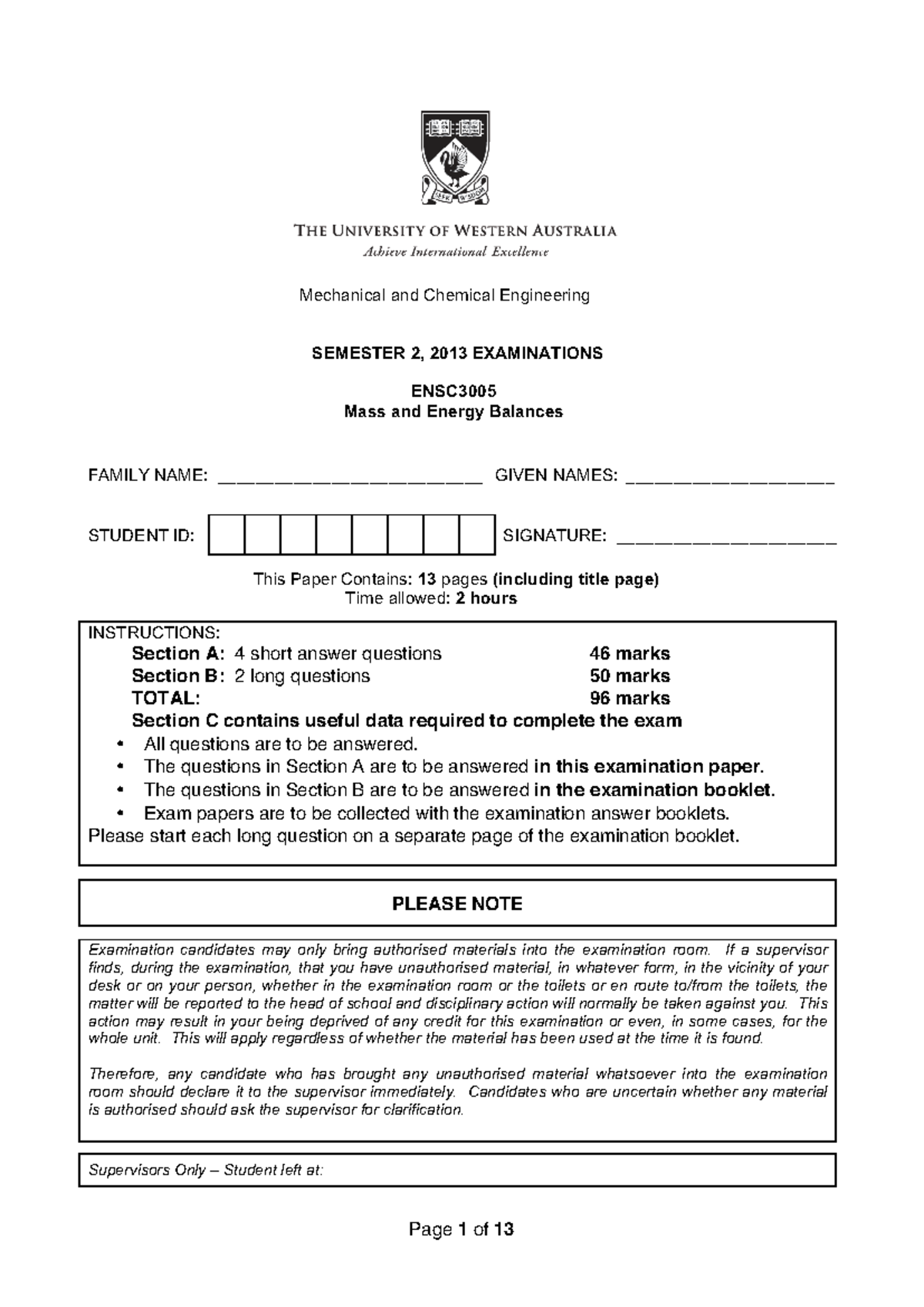2013 ENSC Semester 2 Exam - Mass and Energy Balances - Studocu
