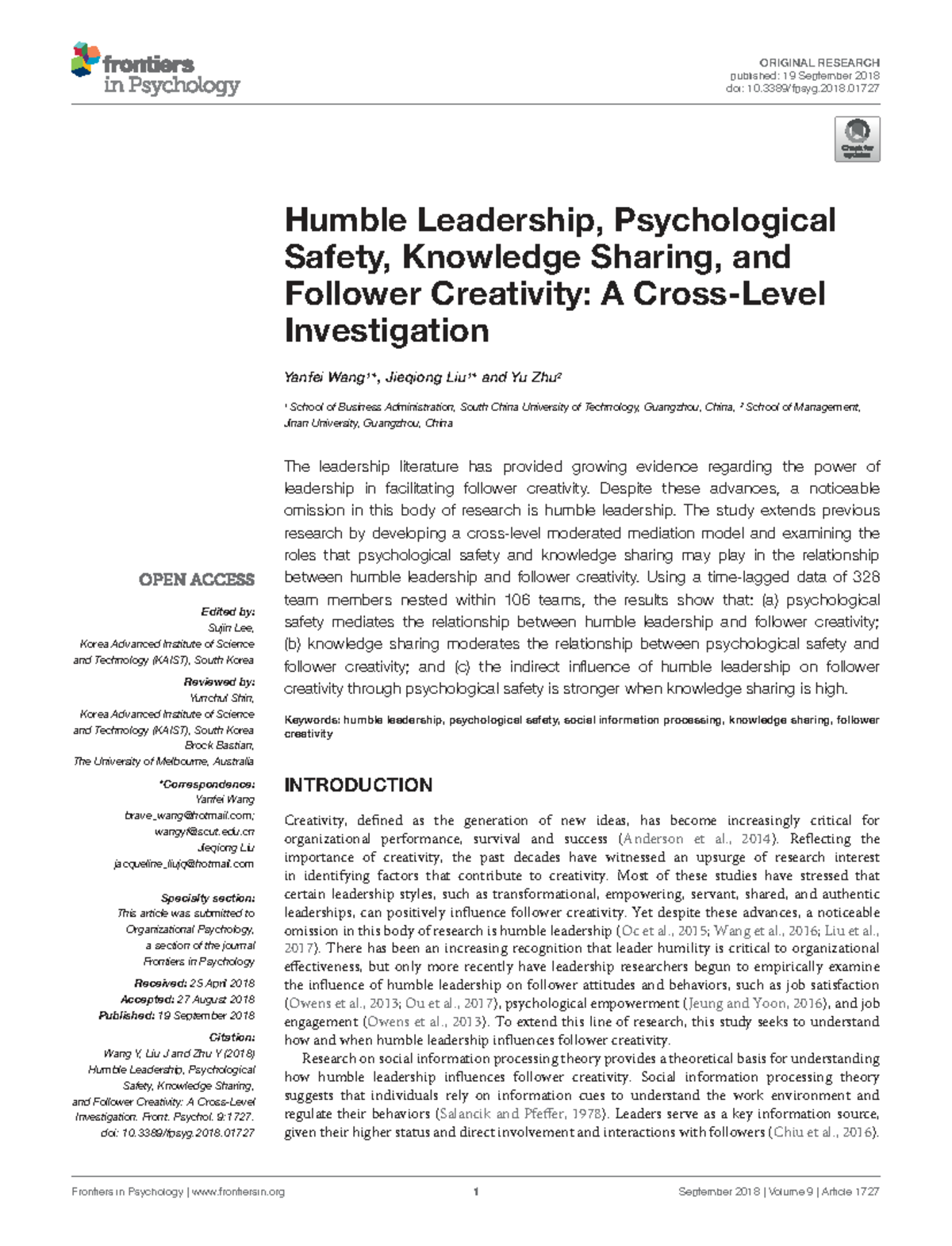 HUMBLE LEADERSHIP AND FOLLOWER CREATIVITY: A MODERATED MEDIATION STUDY ...