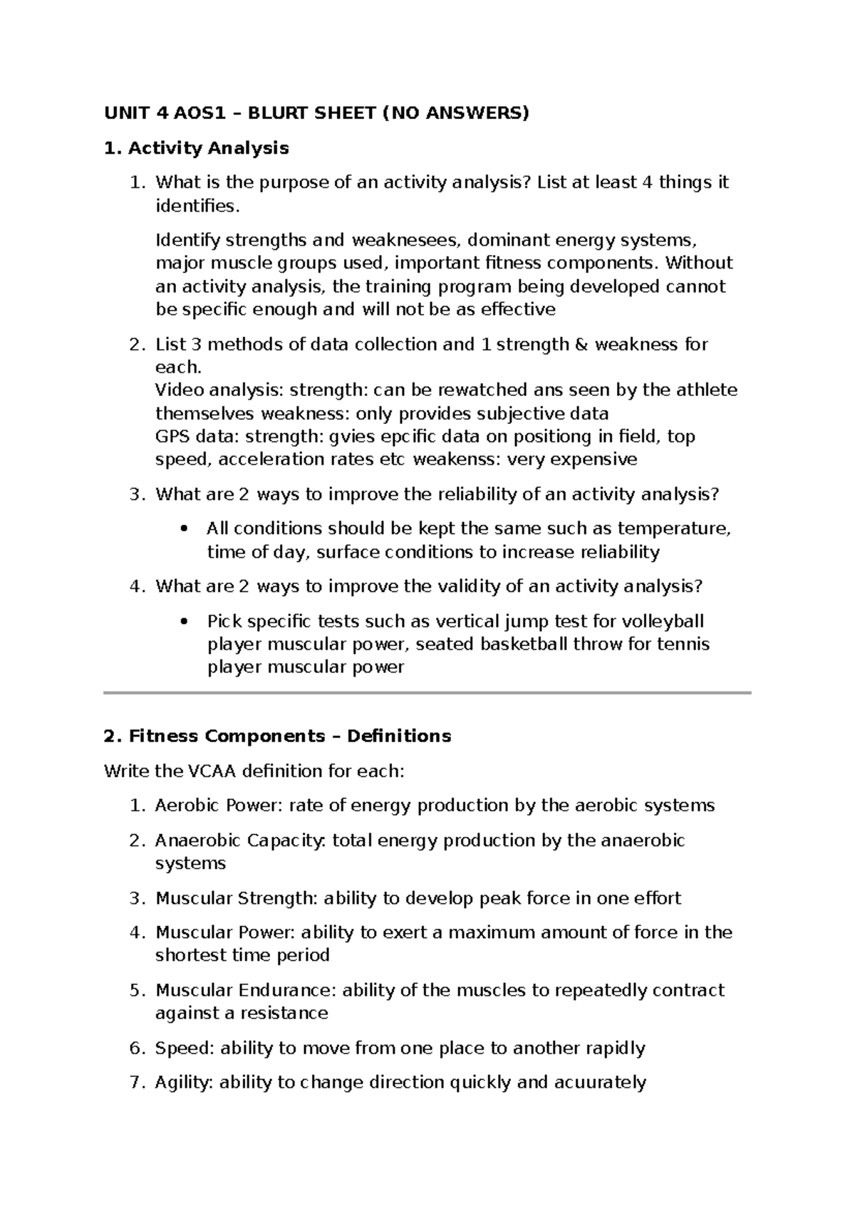 UNIT 4 AOS1 - Activity Analysis & Fitness Components Notes - Studocu