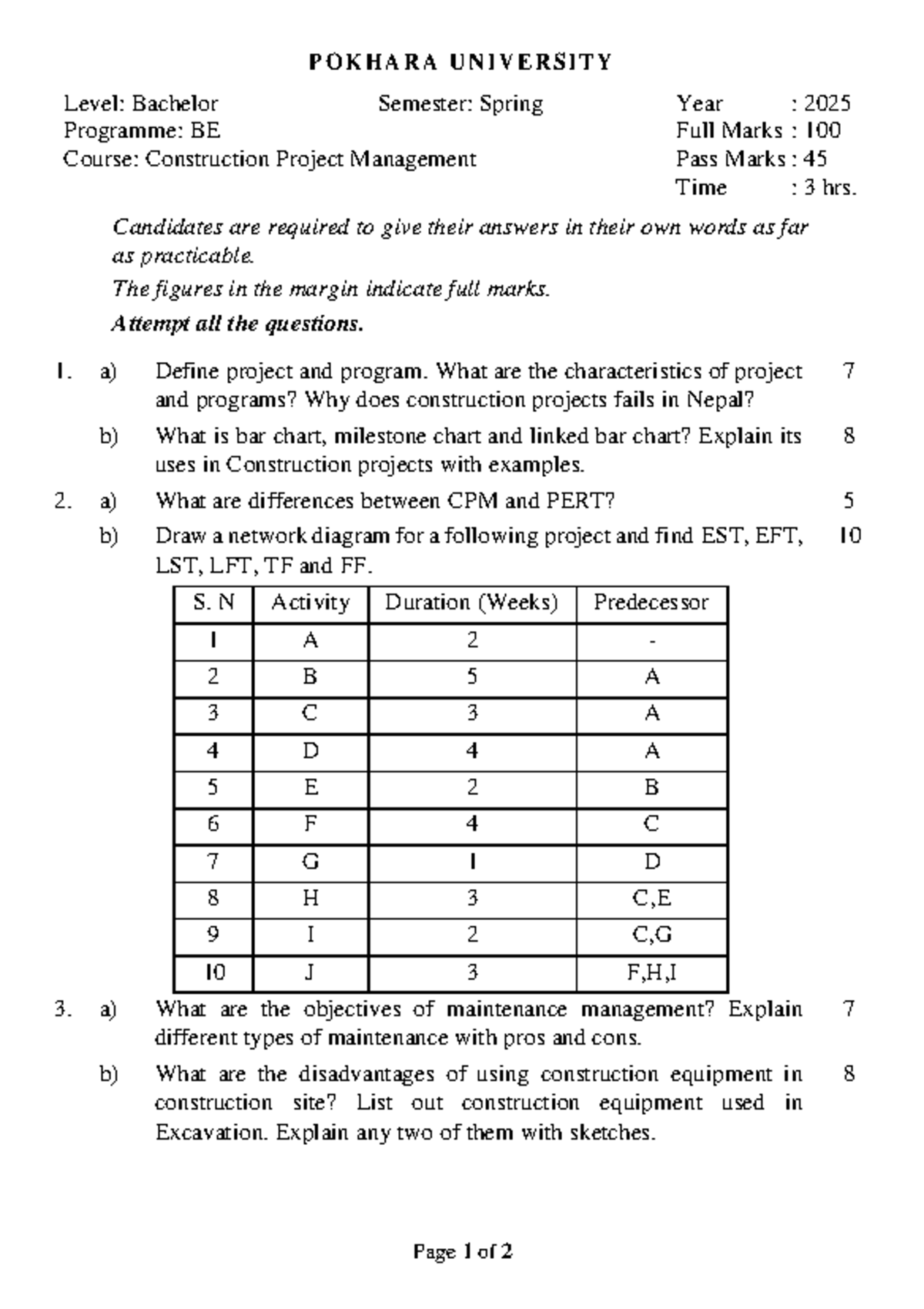 Construction Project Management (BE) - Spring 2025 Exam Guide - Studocu