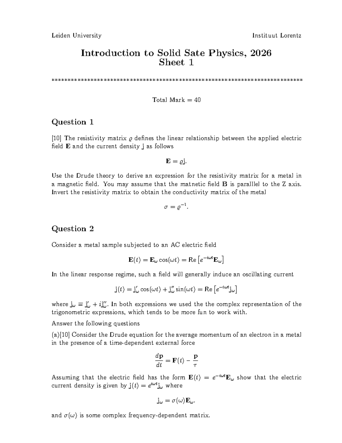 Leiden University PHYS 2026 Worksheet 2: Intro to Solid State Physics ...