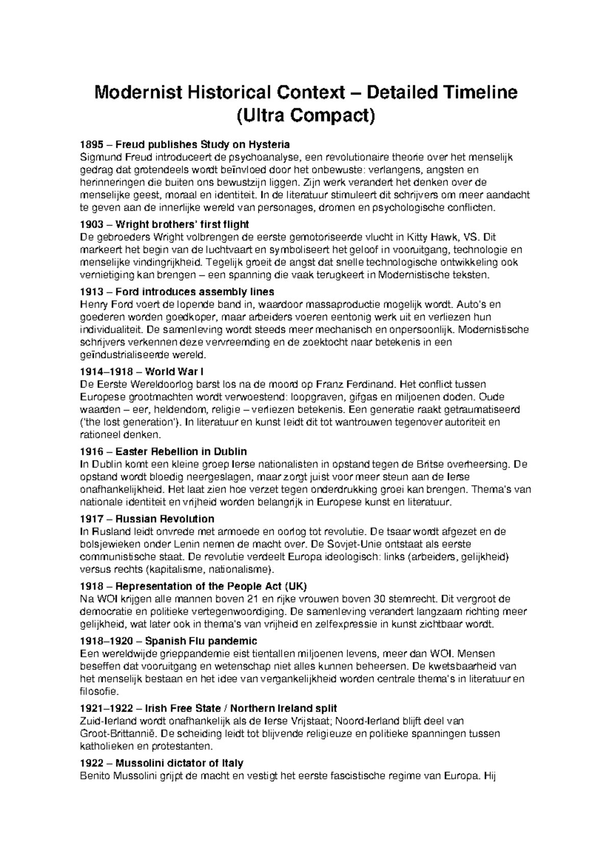 Modernist Historical Context Timeline (ENG 101) Expanded Overview ...