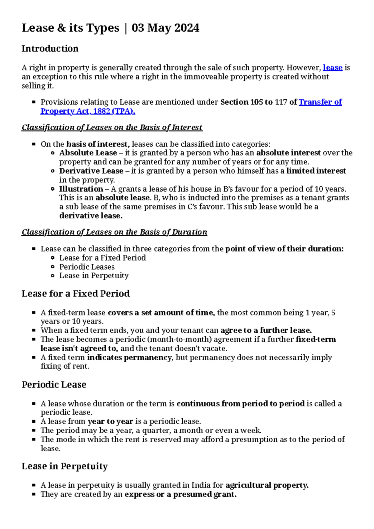 Lease Types and Classifications - Drishtijudiciary Law Notes - Studocu