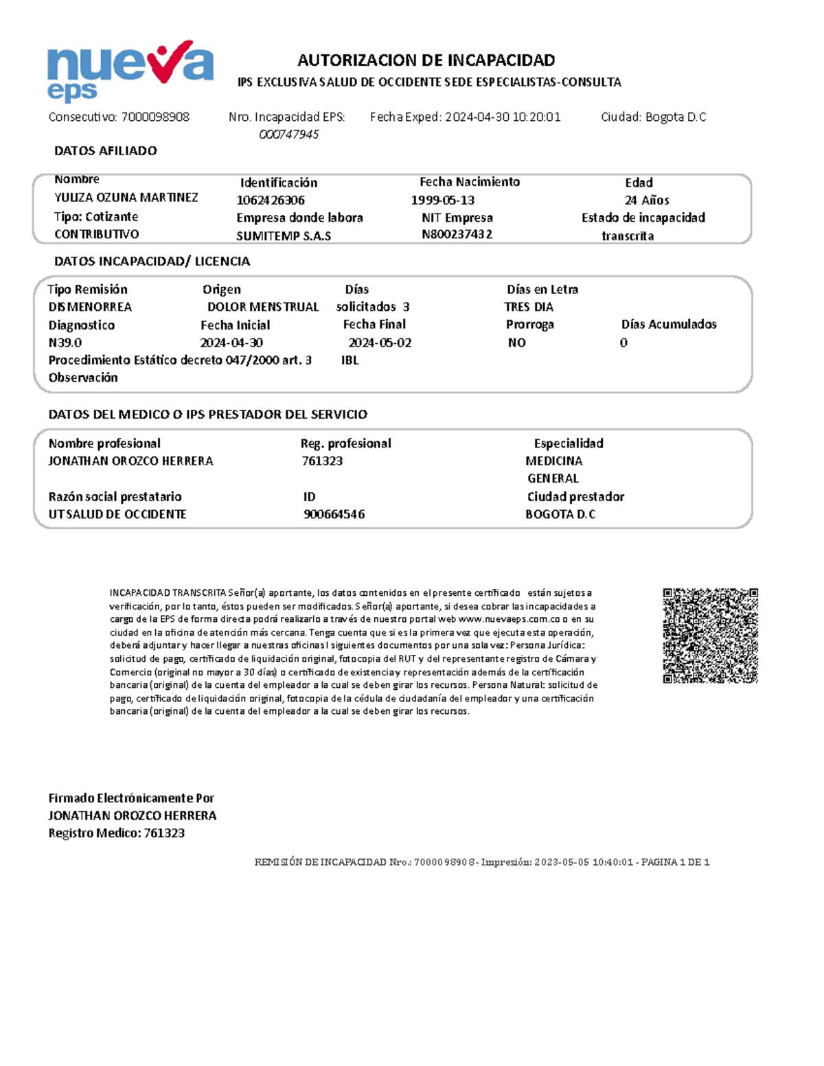 Incapacidad Nueva EPS: Autorización y Datos de Afiliado 1062426306 - Document Preview