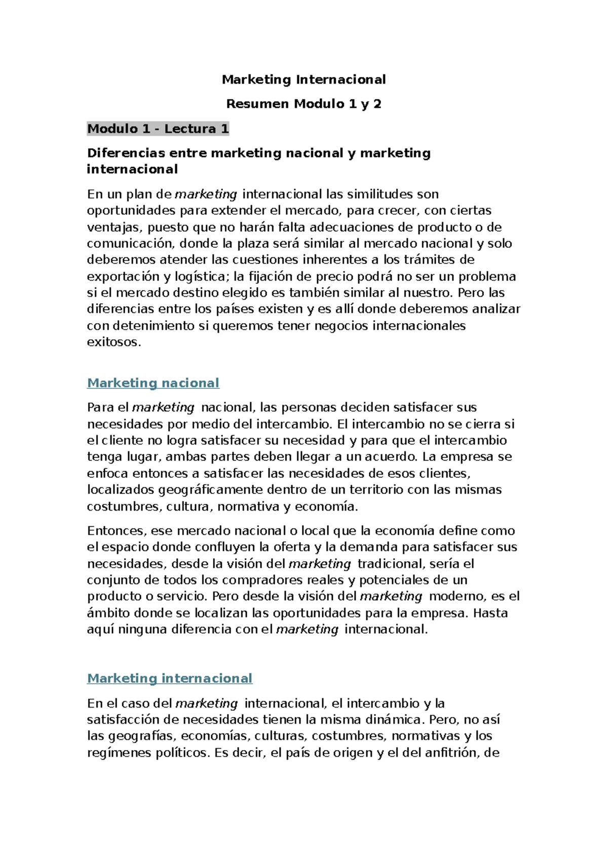 Resumen de Marketing Internacional: Módulos 1 y 2 - Studocu