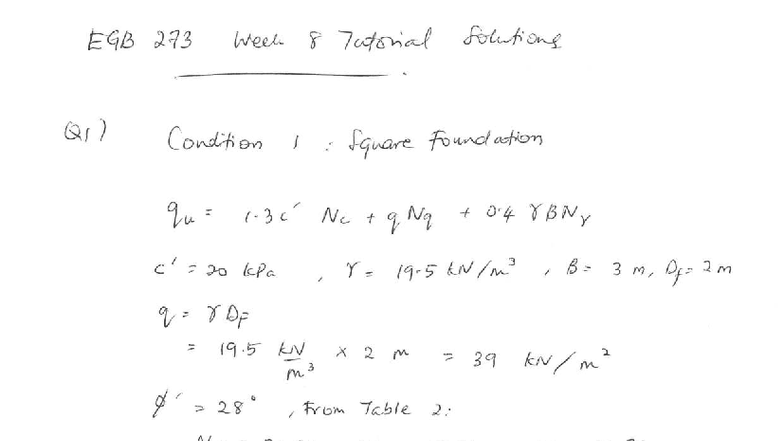 EGB 273 Week 9 Tutorial Solutions for Square Foundation - Studocu