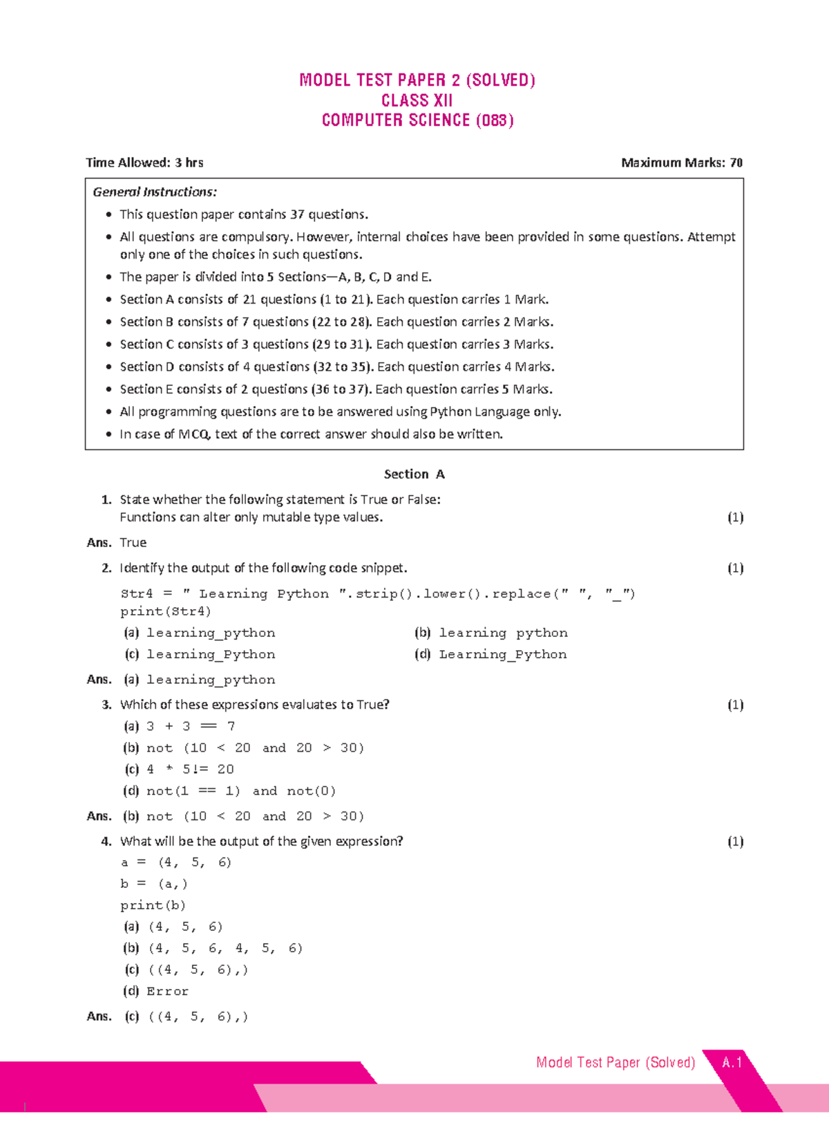 CS XII - MTP-2 (Solved) - Free notes - Model Test Paper (Solved) A ...