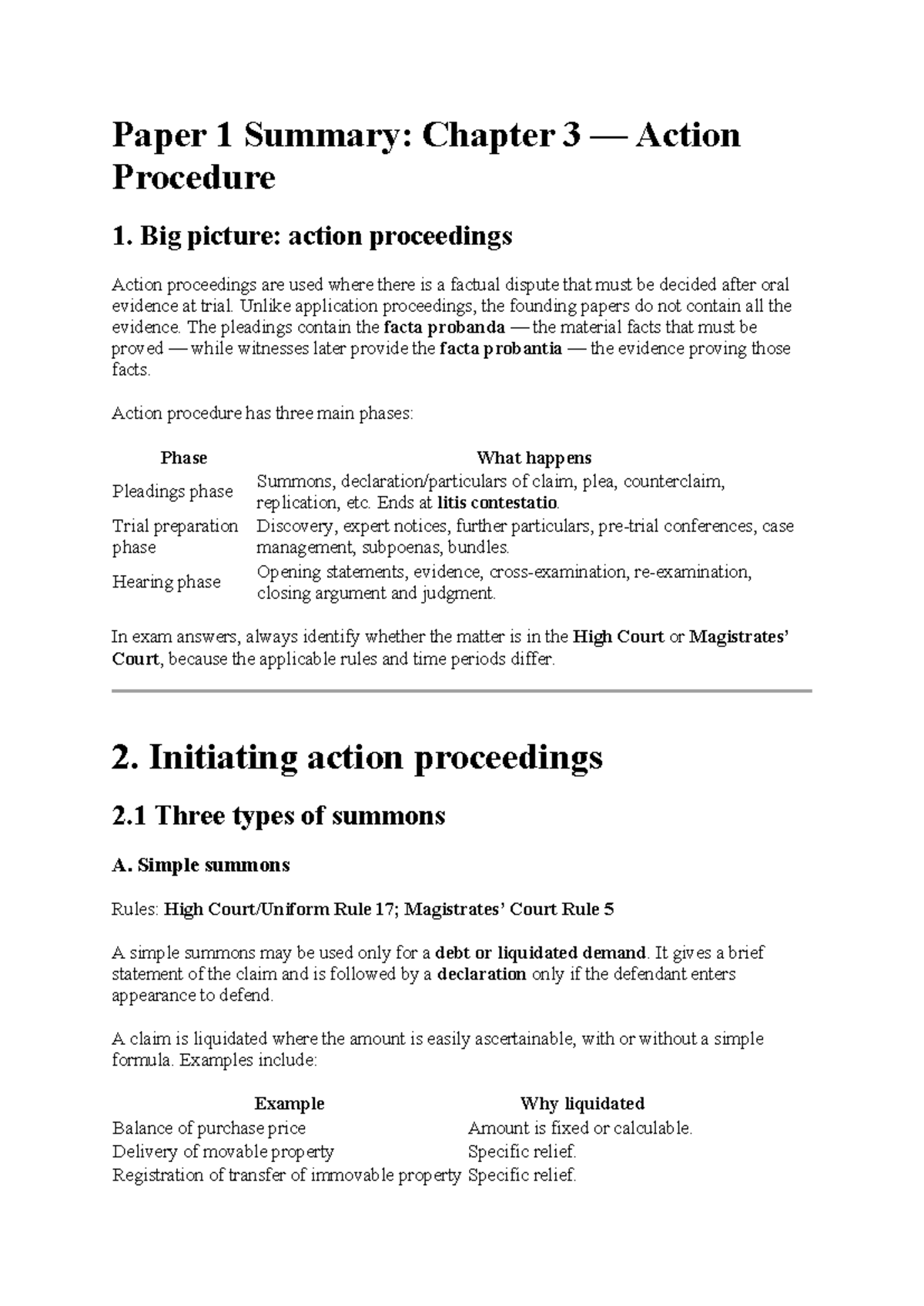 Paper 1 Summary: Chapter 3 Action Procedure Overview and Key Concepts ...