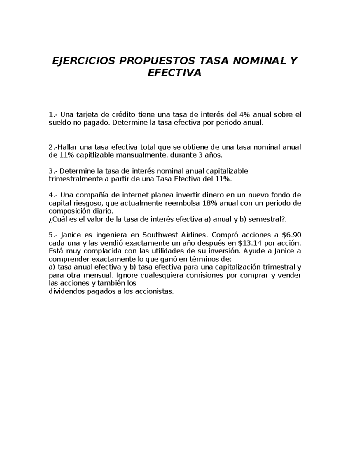 Ejercicios Propuestos sobre Tasa Nominal y Efectiva en Finanzas - Studocu