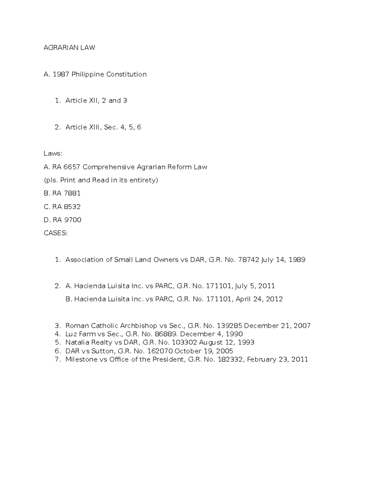 AGRARIAN LAW Syllabus: Key Articles, Laws, and Landmark Cases - Studocu