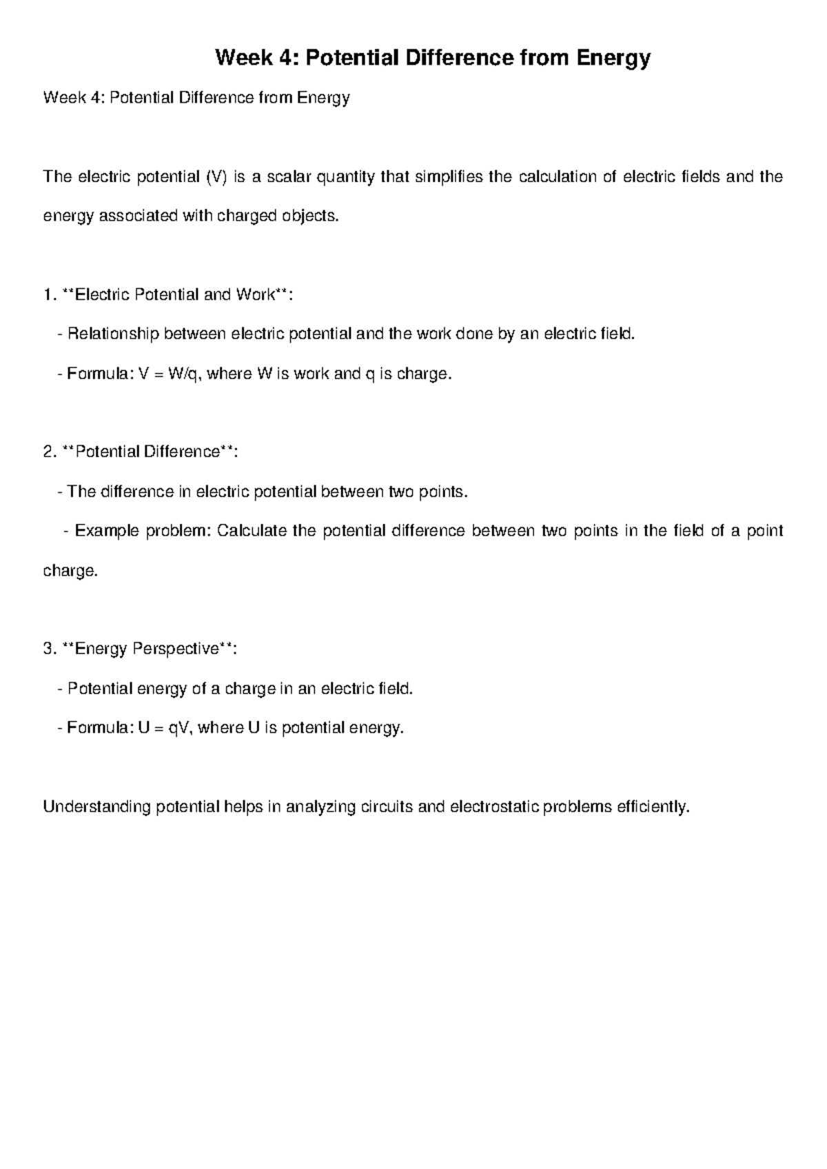 Week 4 - Lecture Notes on Electric Potential and Energy - Studocu