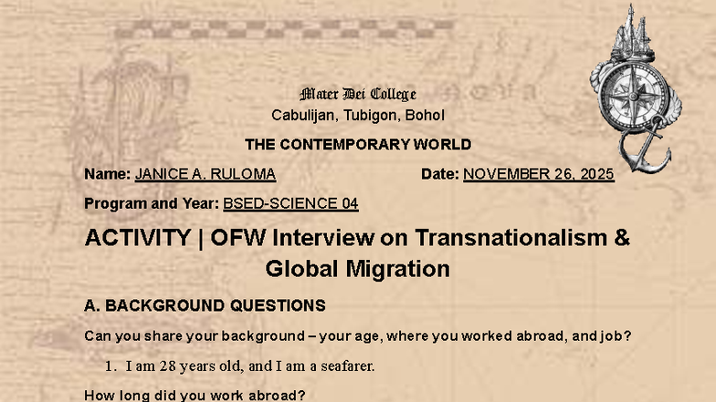 THE CONTEMPORARY WORLD: OFW Interview on Transnationalism - Studocu