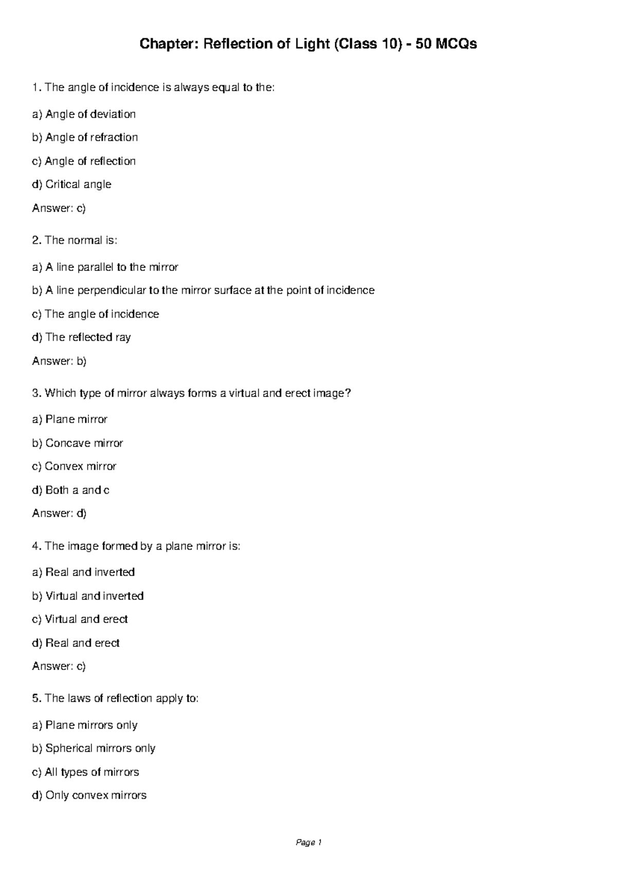 Chapter: Reflection of Light (Class 10) - 50 MCQs for Review - Studocu