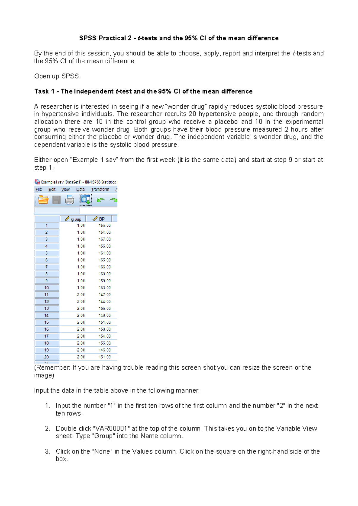 SPSS Practical 2: t-tests & 95% CI for Mean Differences - SPSS ...