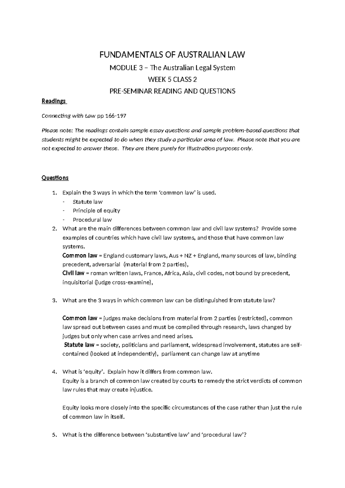 Week 5.2 Pre-Seminar Reading & Questions - Fund. of Aust. Law Aut 2024 ...