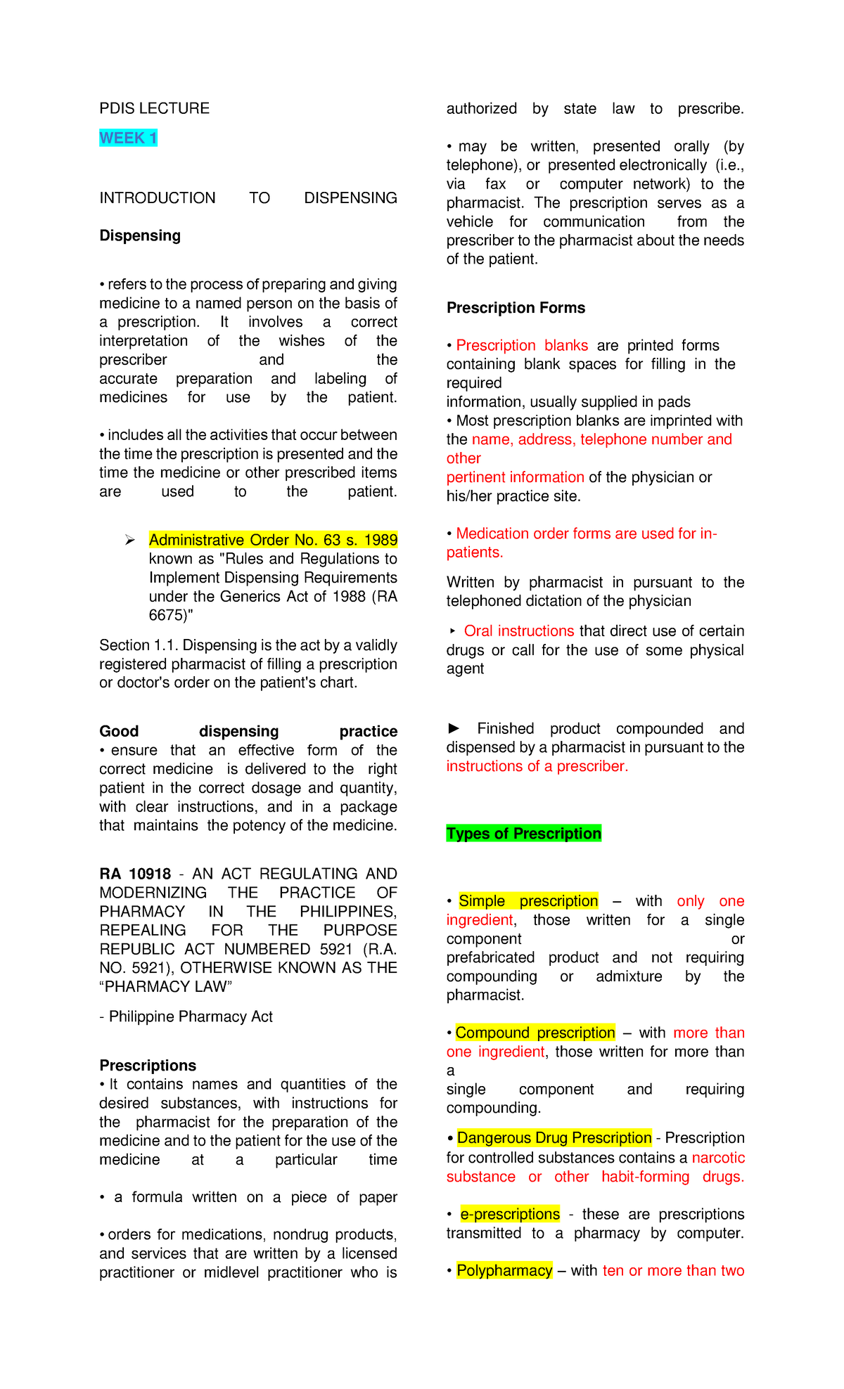 PDIS 101: Introduction to Dispensing and Medication Orders - Studocu