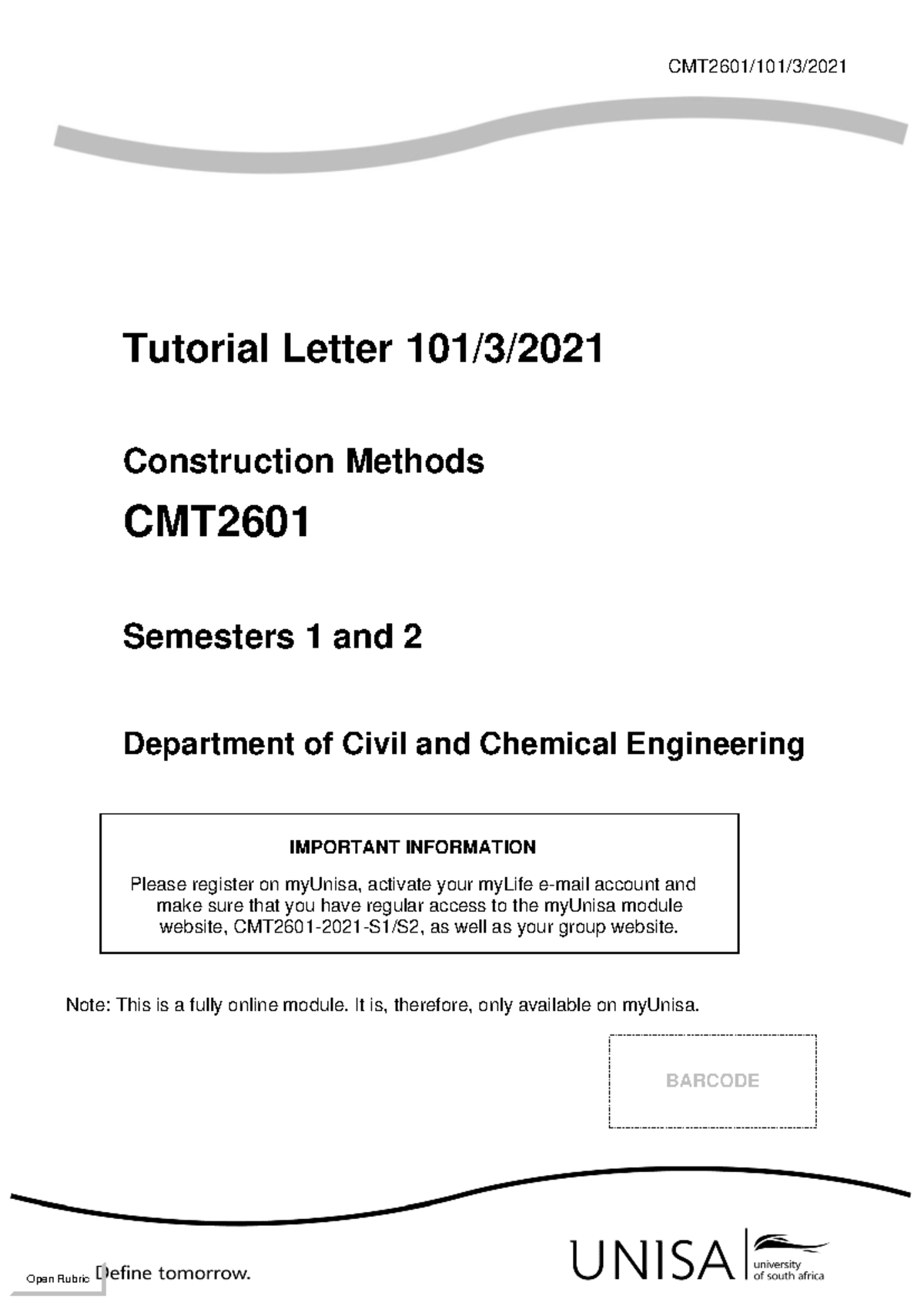 CMT2601 Tutorial Letter: Construction Methods Overview & Resources ...