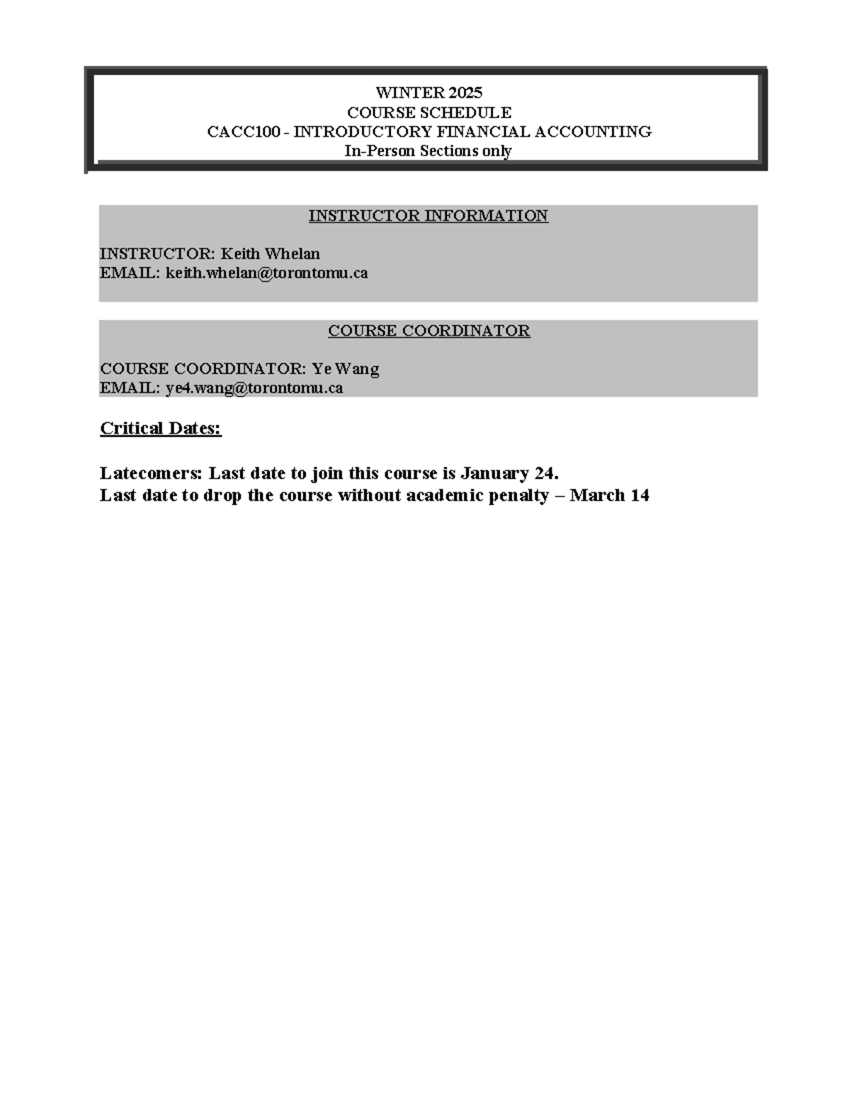 CACC100 - Course Schedule - Winter 2025 - In Person - WINTER 2025 ...