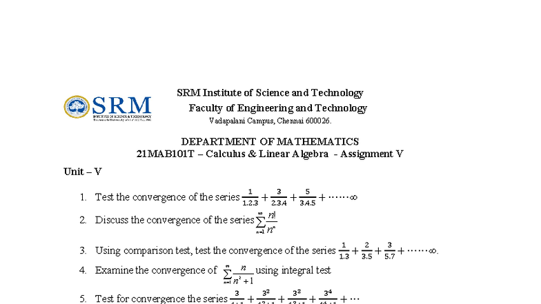 Assignment 5 Unit V 21MAB101T - SRM Institute of Science and Technology ...