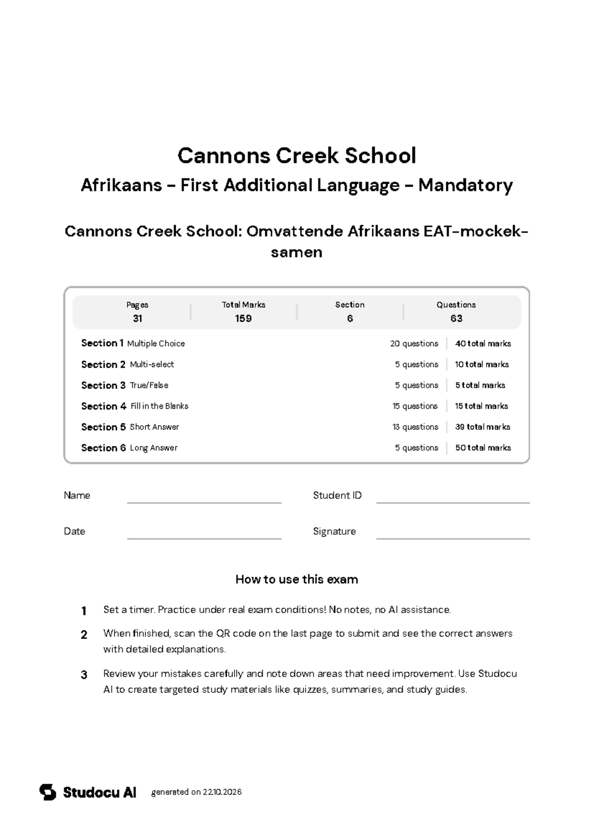 Cannons Creek School: Afrikaans EAT Mock Exam - Studocu