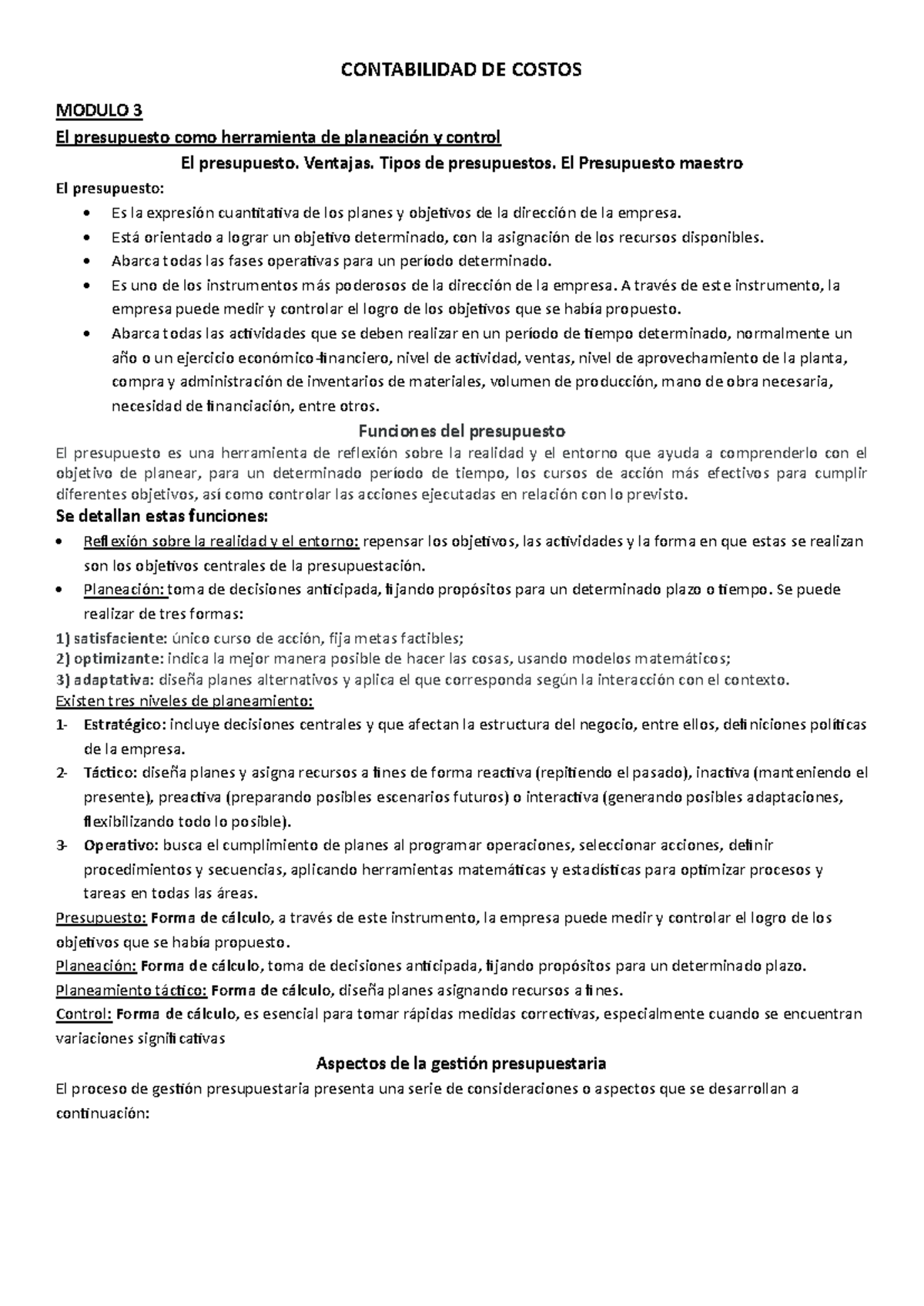 Resumen de Contabilidad de Costos Módulo 3 y 4: Presupuestos y Métodos ...