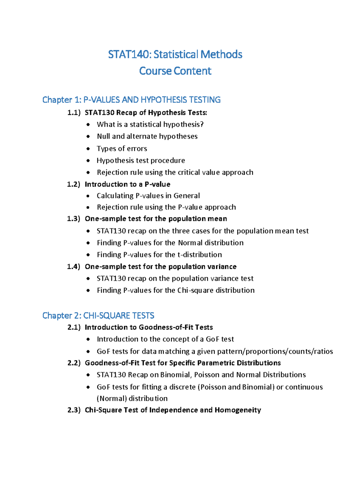STAT140: Statistical Methods Course Content - Hypothesis Testing ...