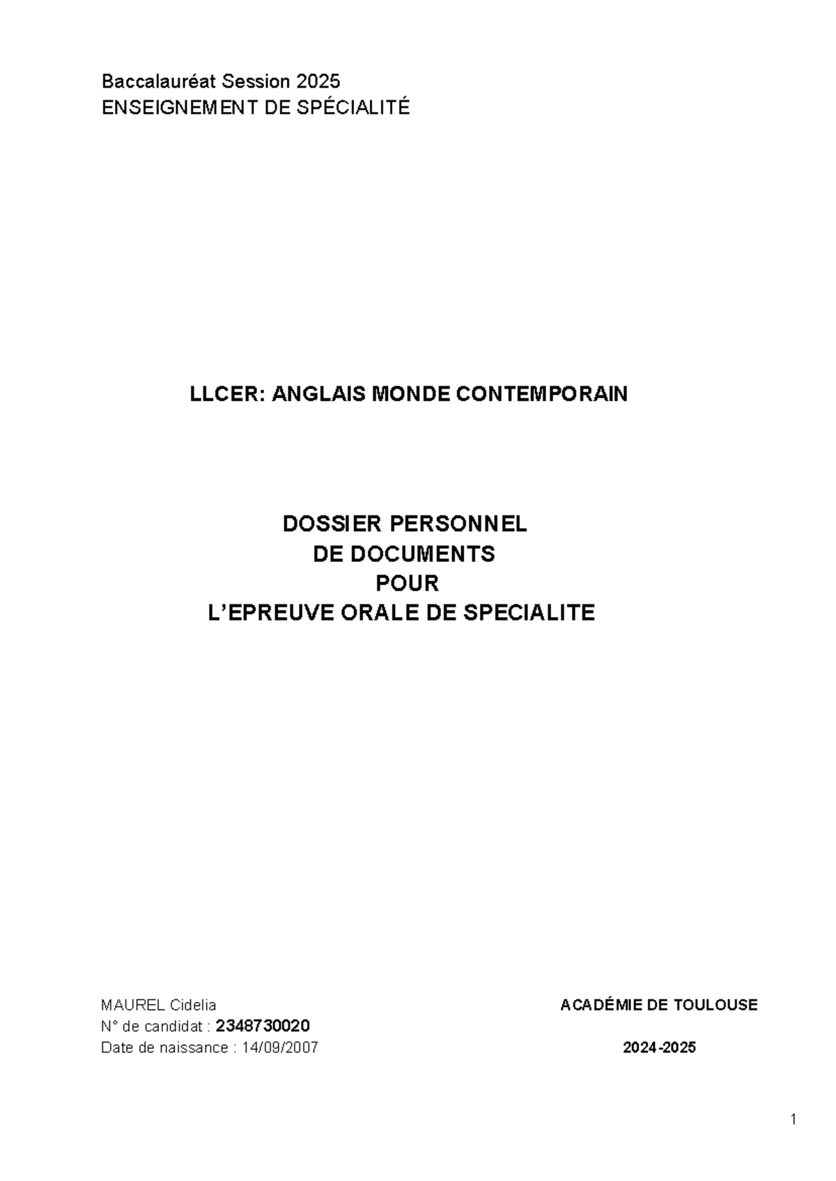 Dossier Personnel pour l'Oral de Spécialité LLCER: Anglais 2025 - Studocu