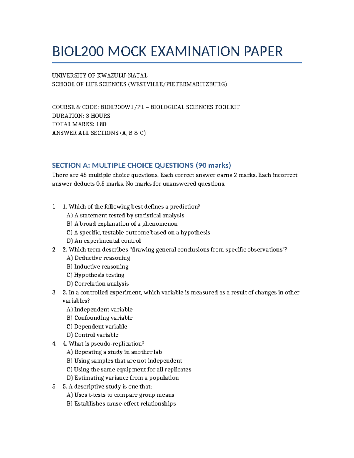 BIOL200 MOCK EXAMINATION PAPER: MCQs & Answers for Biological Sciences ...